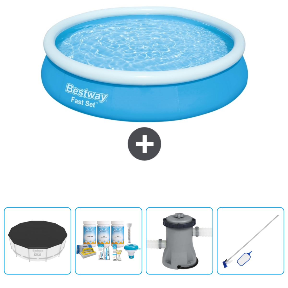 Une piscine bleue Bestway Fast Set avec accessoires : filtre, échelle, couverture et nettoyeur.