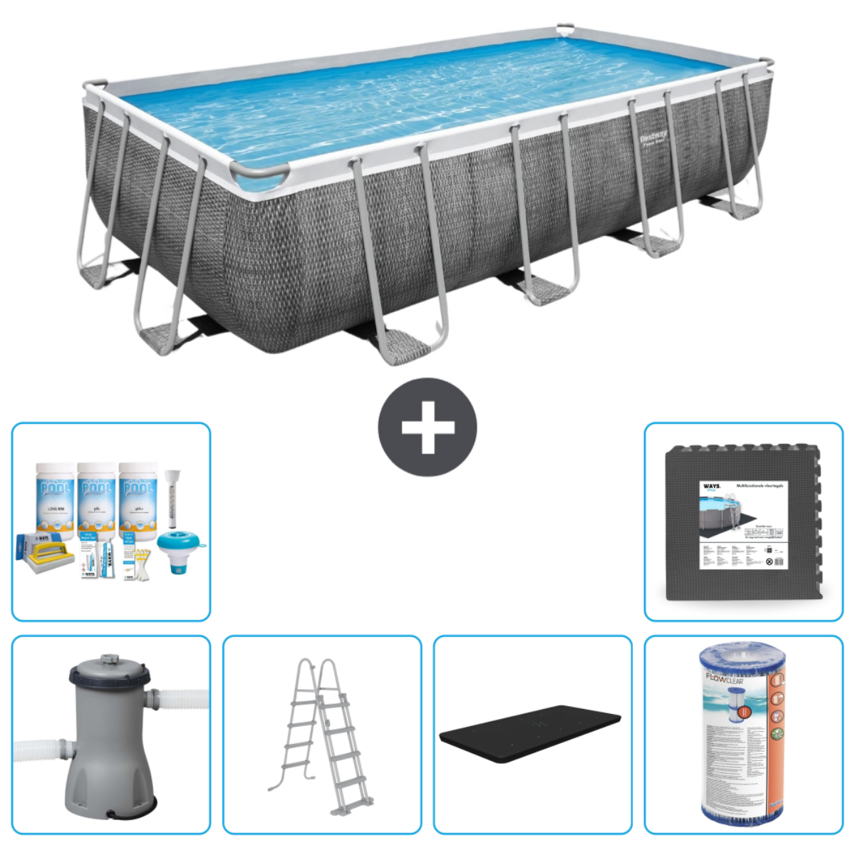 Een rechthoekige bovengrondse zwembadset. Zwembad, filter, ladder, chemicaliën en meer. Grijs en blauw. Bestway.