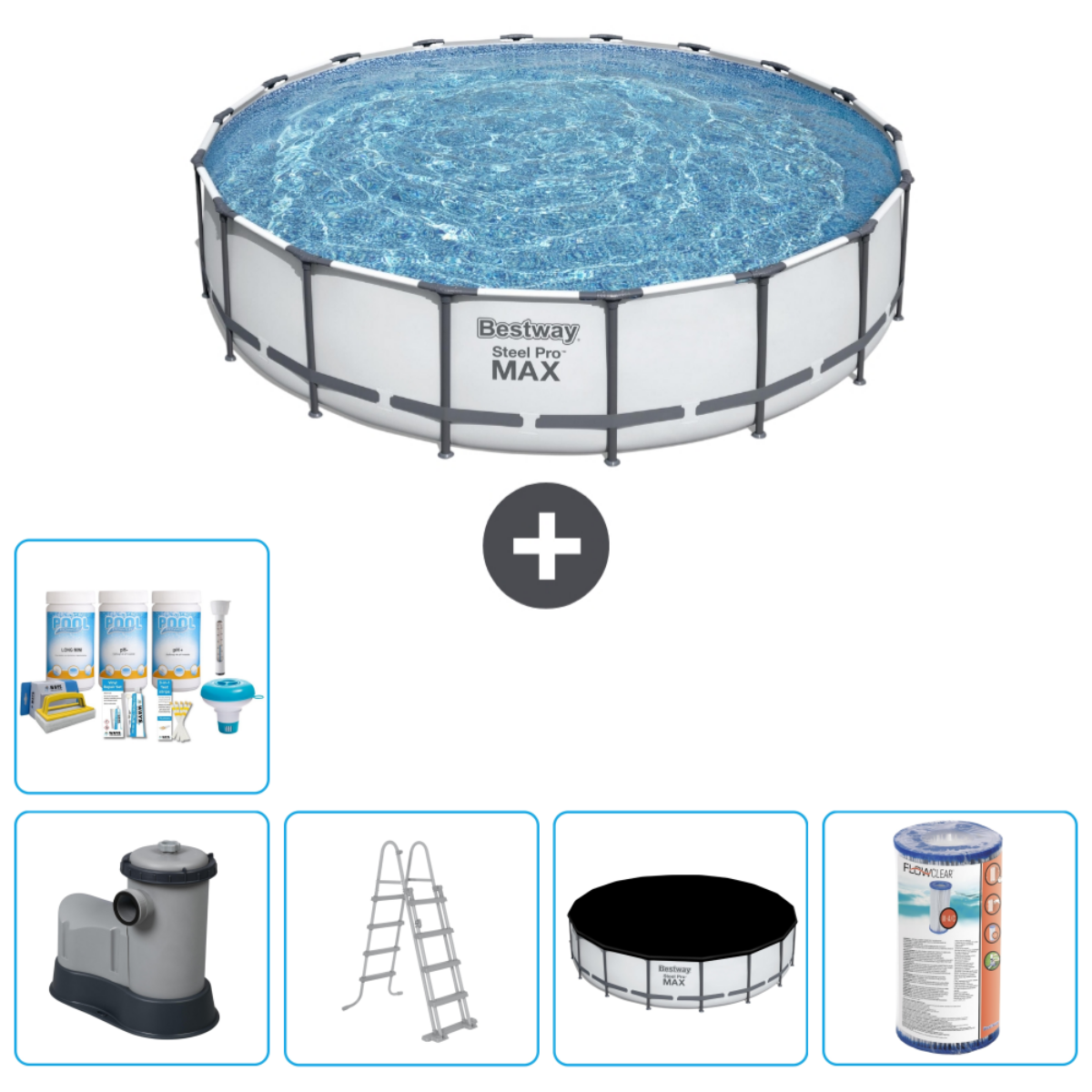 Ensemble piscine avec accessoires. Comprend piscine, kit de nettoyage, échelle, couverture et filtre.