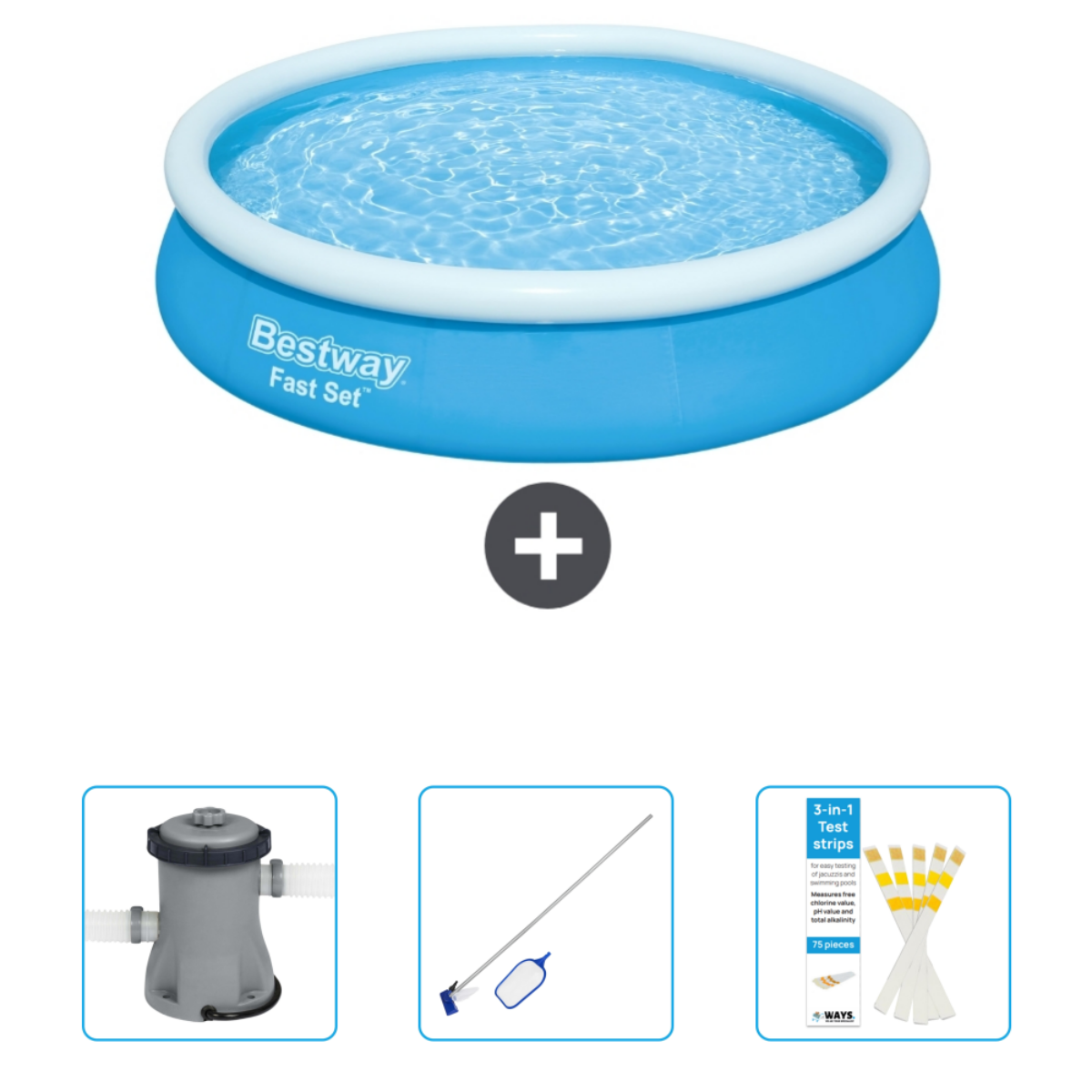 Blauer aufblasbarer Pool mit Zubehör: Pumpe, Reinigungsgerät und Teststreifen.