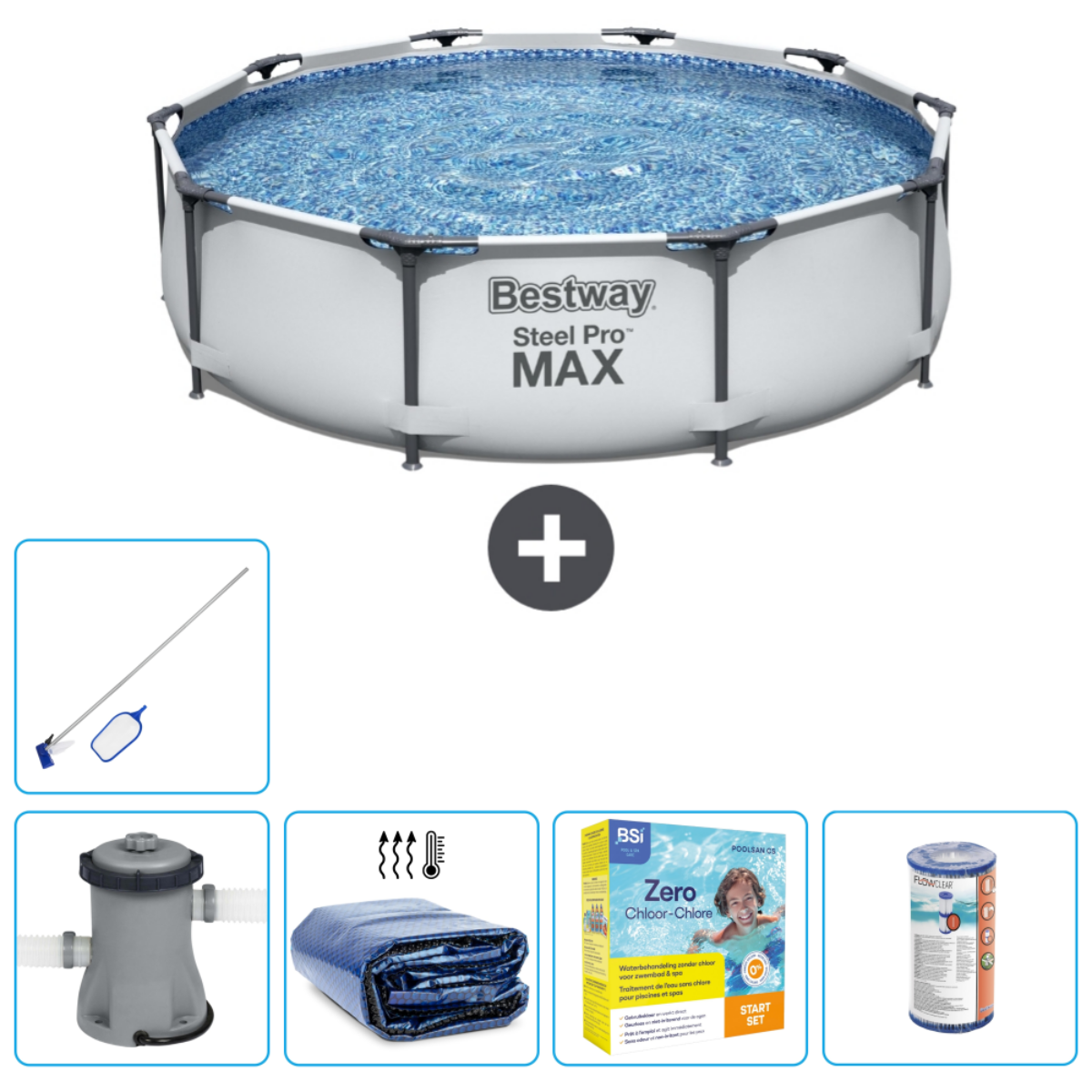 Piscine ronde avec accessoires : échelle, filtre, bâche, produits chimiques et kit de démarrage sans chlore. Eau bleue.