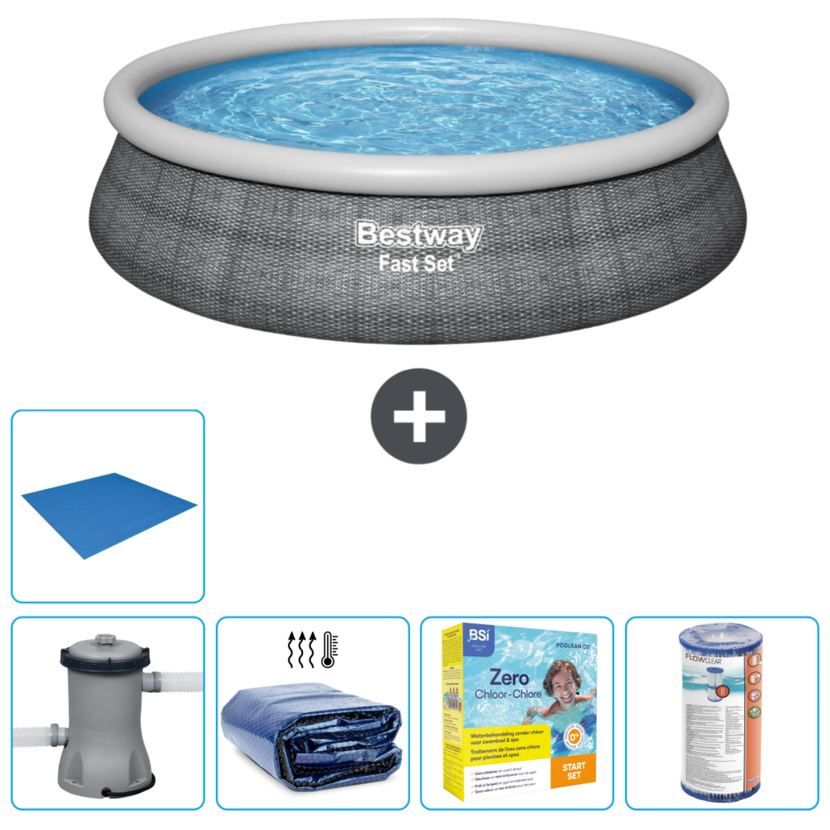 Ronde pool met accessoires en blauw water. Inclusief een grondzeil, pomp, chemicaliën en een afdekzeil voor de pool.