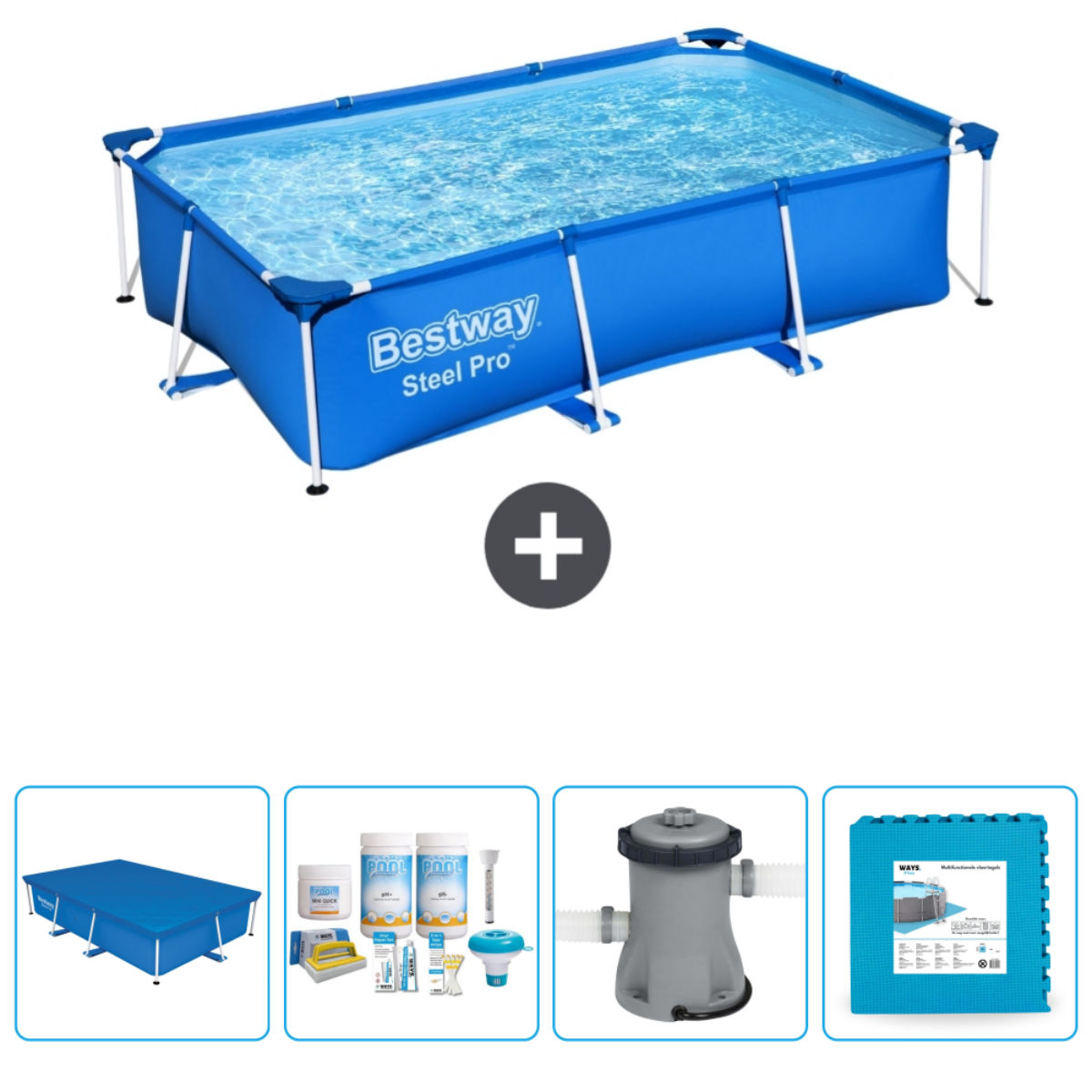 Een blauw en wit opblaasbaar zwembad met accessoires, waaronder een afdekzeil en een filter.