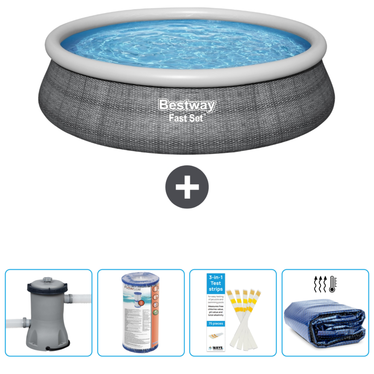 Piscine ronde avec eau, filtre, produits chimiques, couverture et outils.