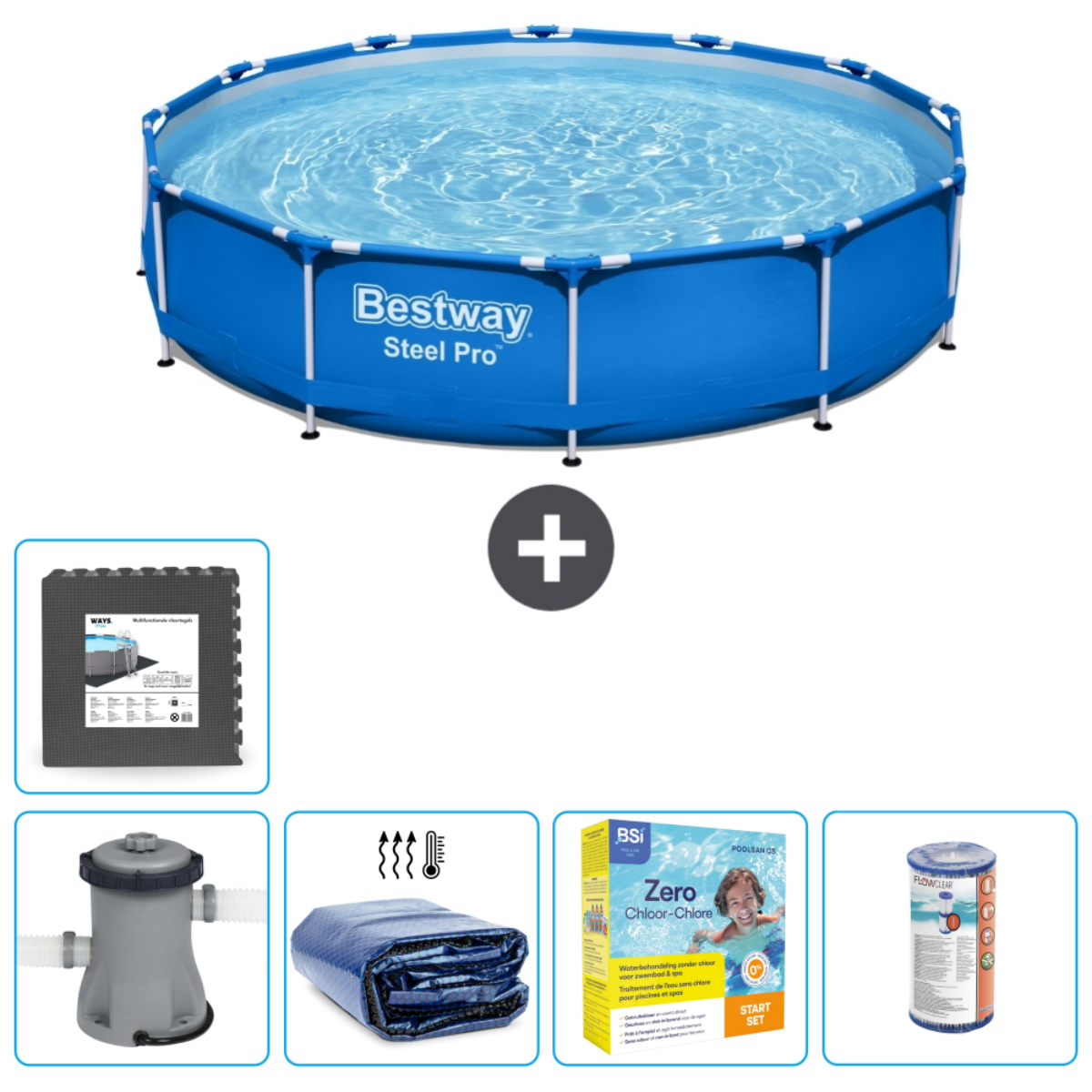 Blauw bovengronds zwembad met accessoires: een filter, afdekking, chemicaliën en een zwembadafdekking.