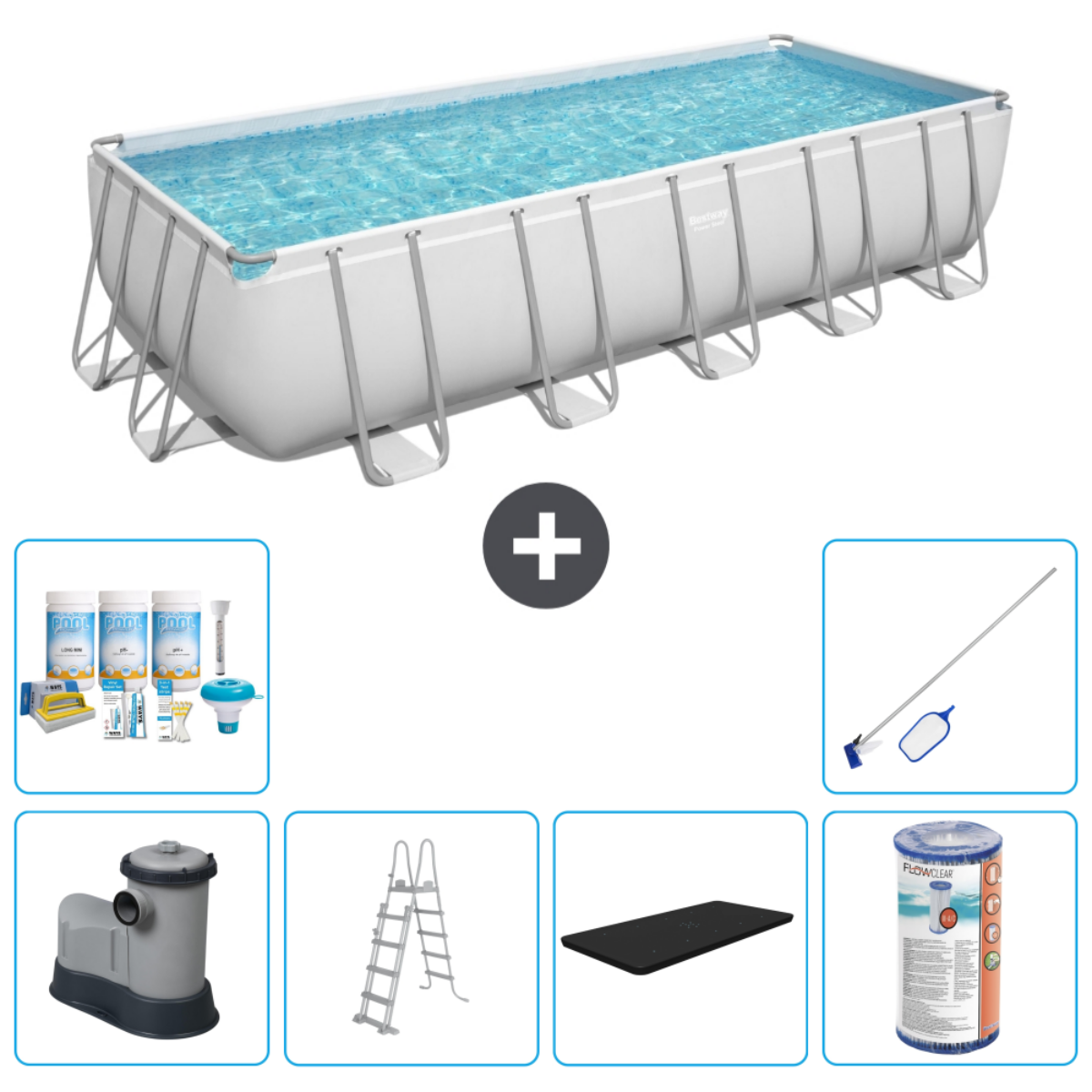 Rechthoekige zwembadset met accessoires. Inclusief zwembad, reinigingskit, ladder en filter.