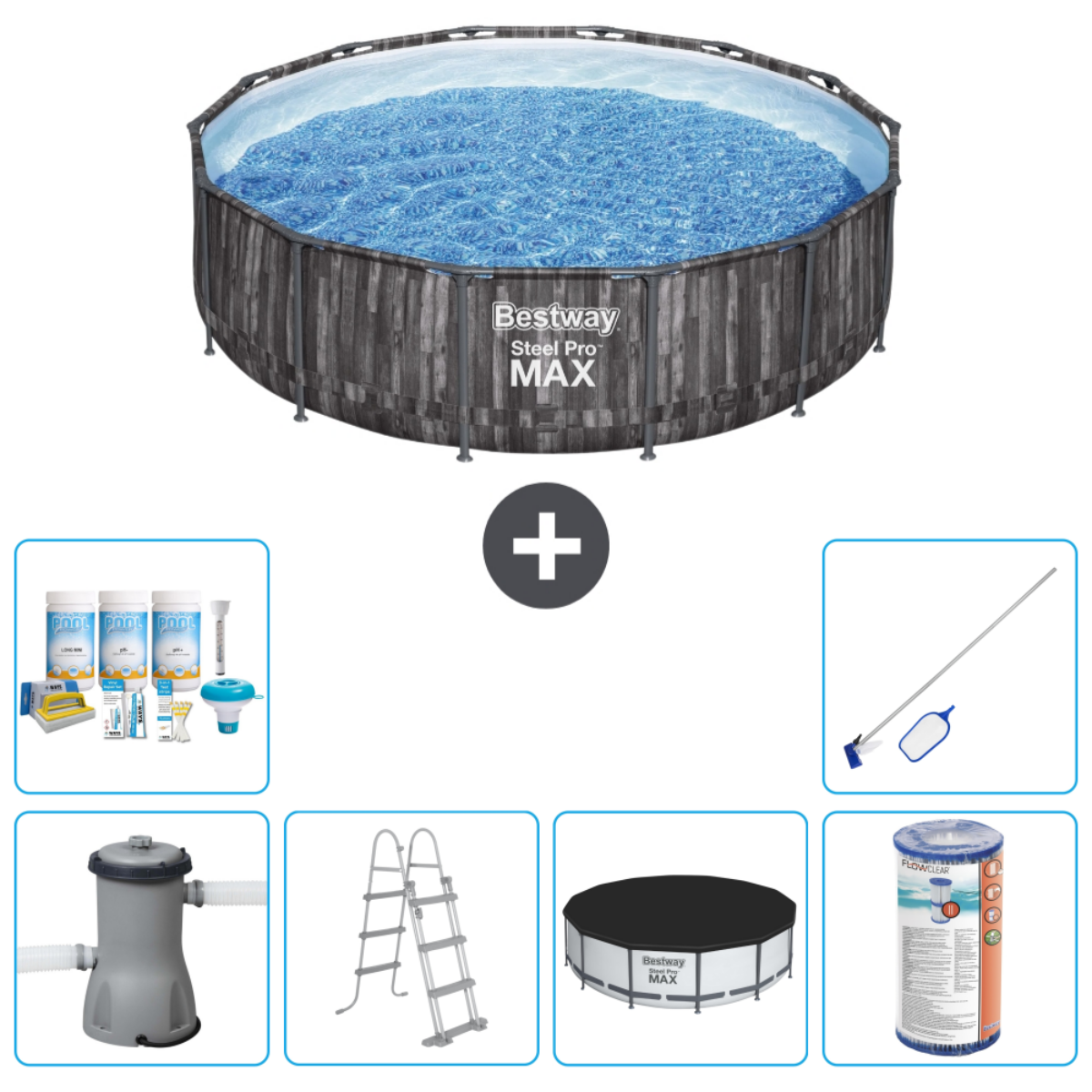 Een achthoekige bovengrondse zwembadset. Zwembad, filter, ladder, chemicaliën en meer. Grijs en blauw. Bestway.