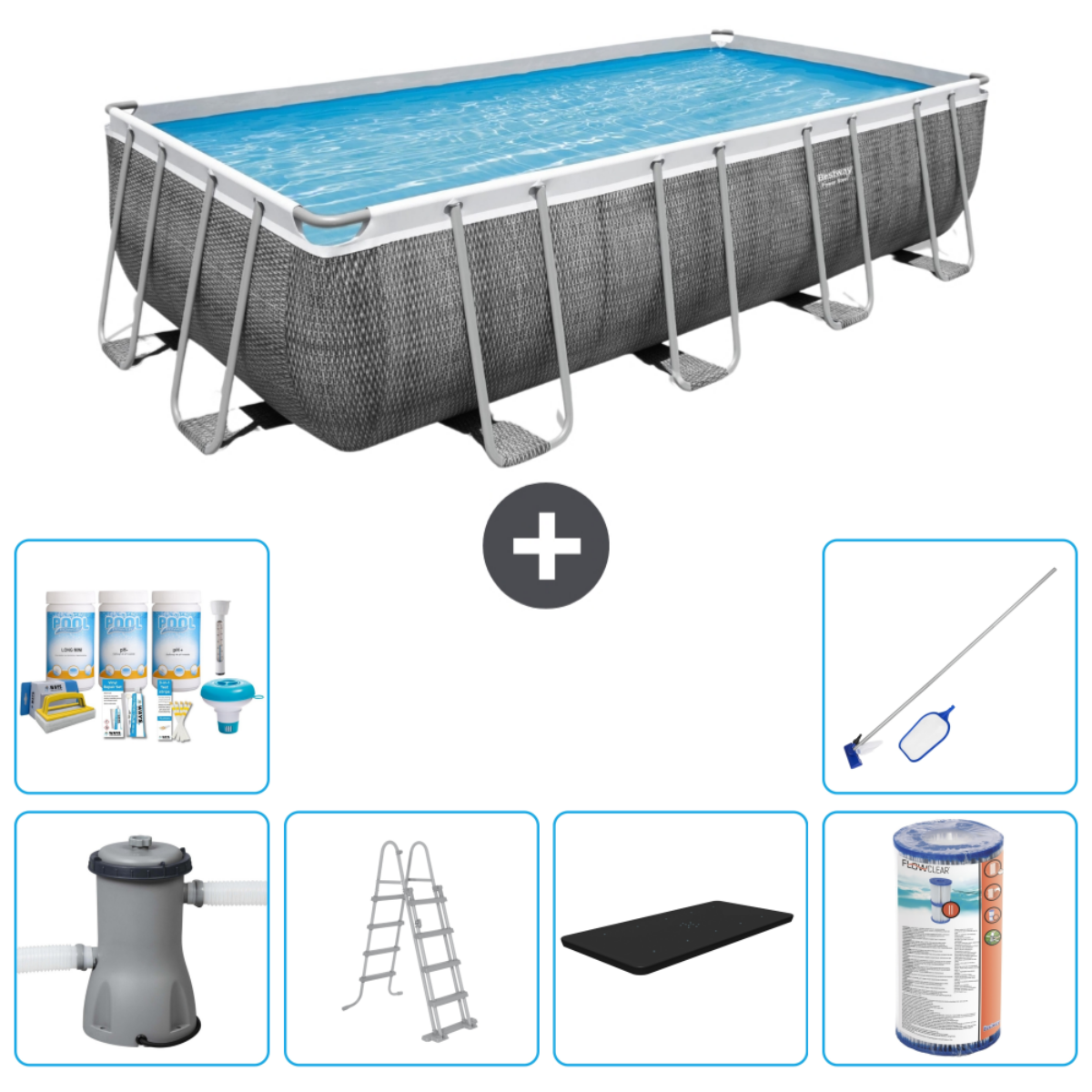 Rechthoekig zwembad met accessoires: chemicaliën, filter, ladder, afdekzeil, skimmer en mat.
