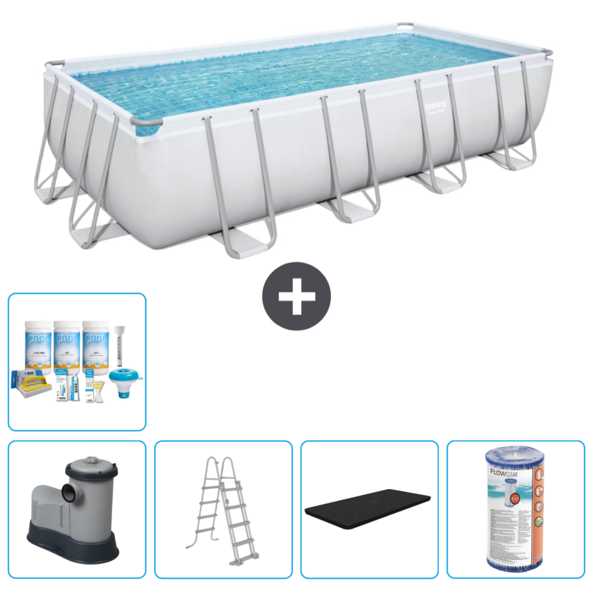 Rechthoekig zwembad met accessoires. Inclusief ladder, filter, afdekzeil en chemicaliën. Blauw water.