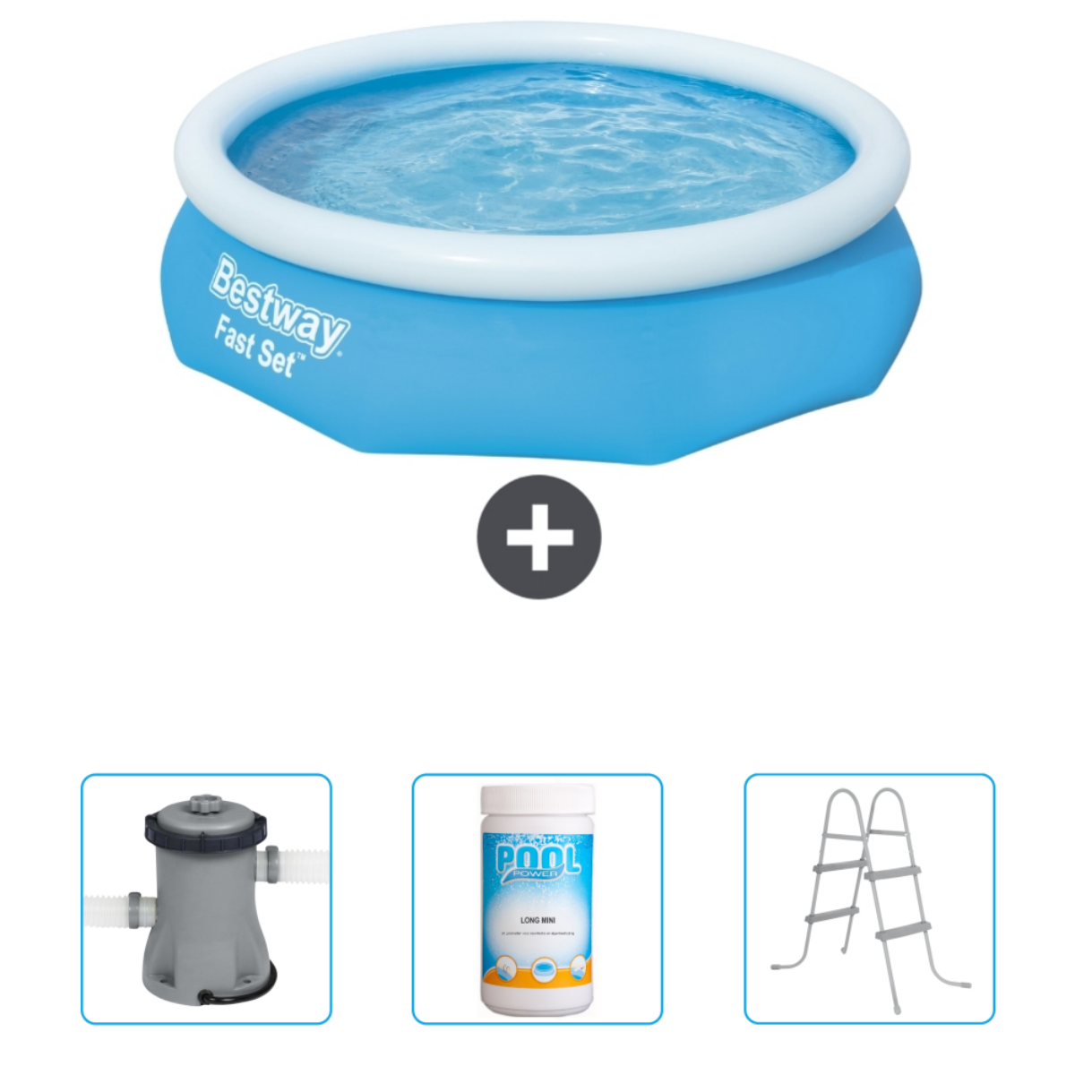 Piscine bleue et blanche, eau, accessoires: filtre, produit chimique, échelle. Bestway.