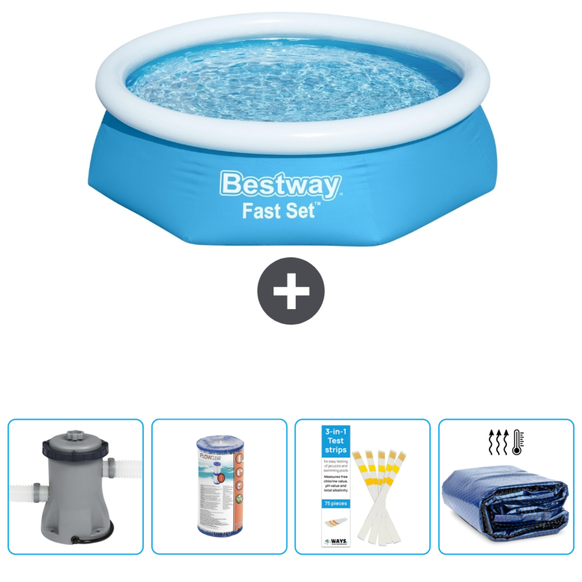 Blauw Bestway Fast Set zwembad met accessoires: filter, chemicaliën, teststrips en afdekzeil.