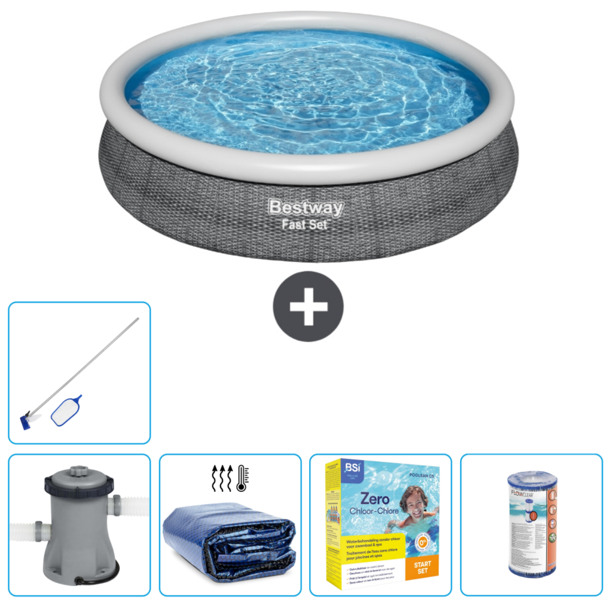 Vue de dessus d'une piscine gonflable remplie d'eau, avec accessoires de nettoyage.