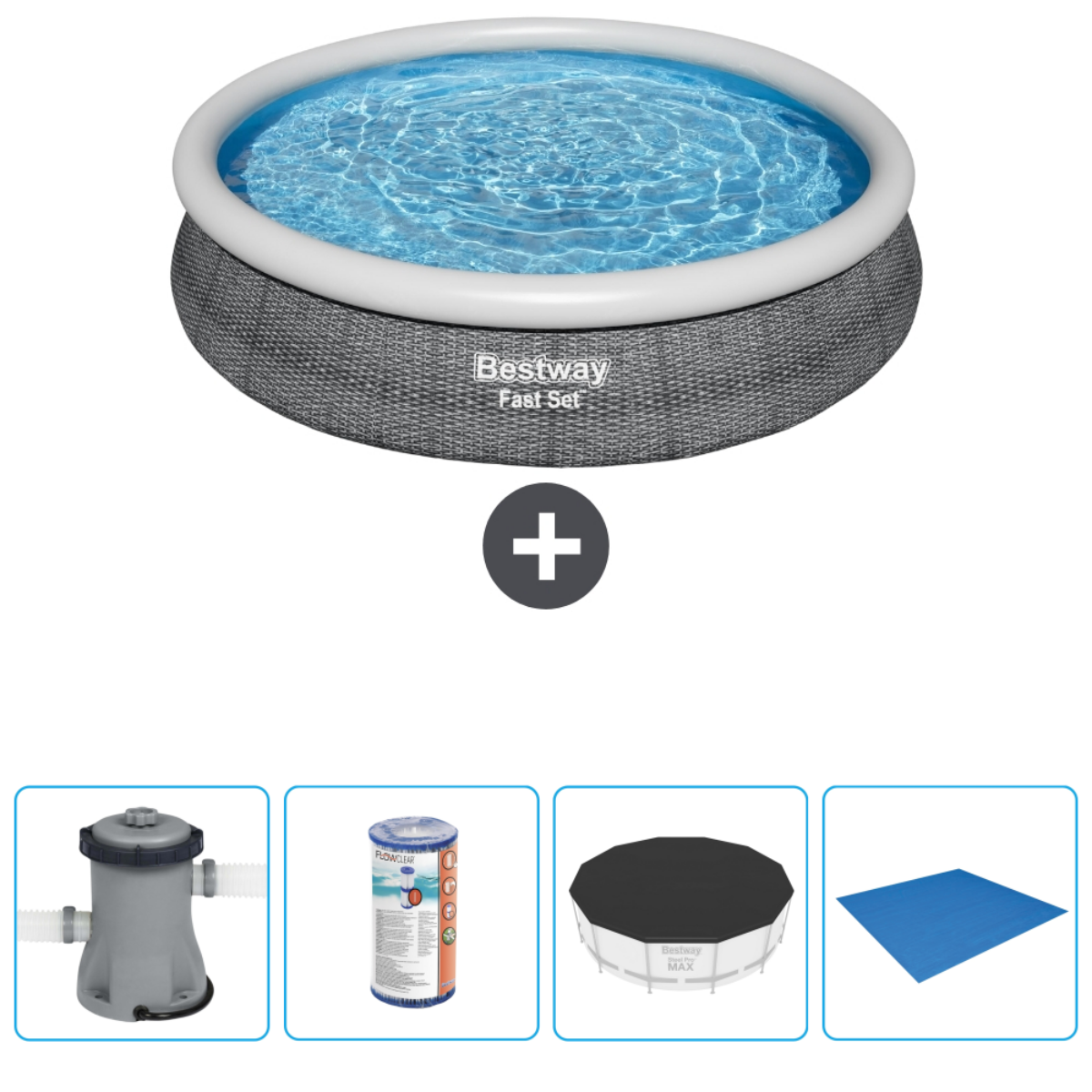 Piscine Bestway avec accessoires : filtre, couverture et bâche de sol.