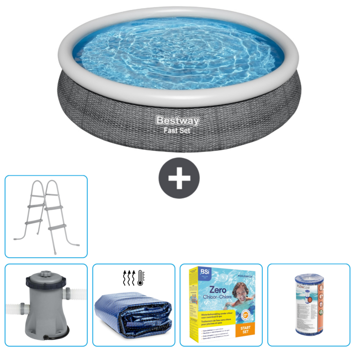Piscine ronde avec eau, filtre, produits chimiques, échelle, couverture et outils.