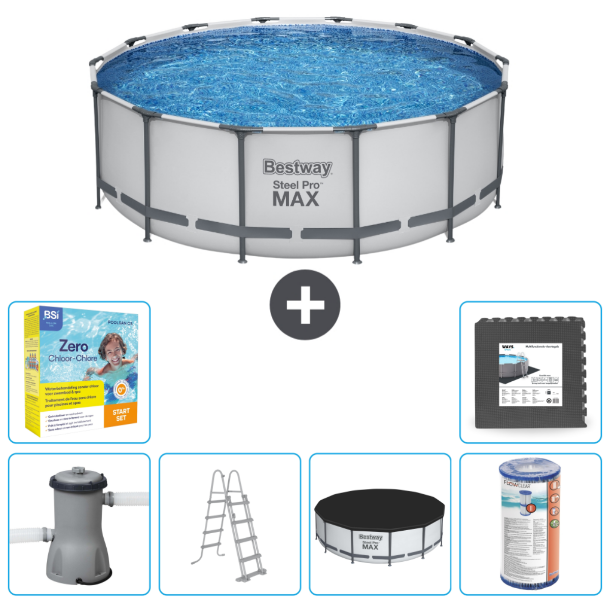 Rond zwembad met filter, ladder, afdekking, chemicaliën en schoonmaakmat.