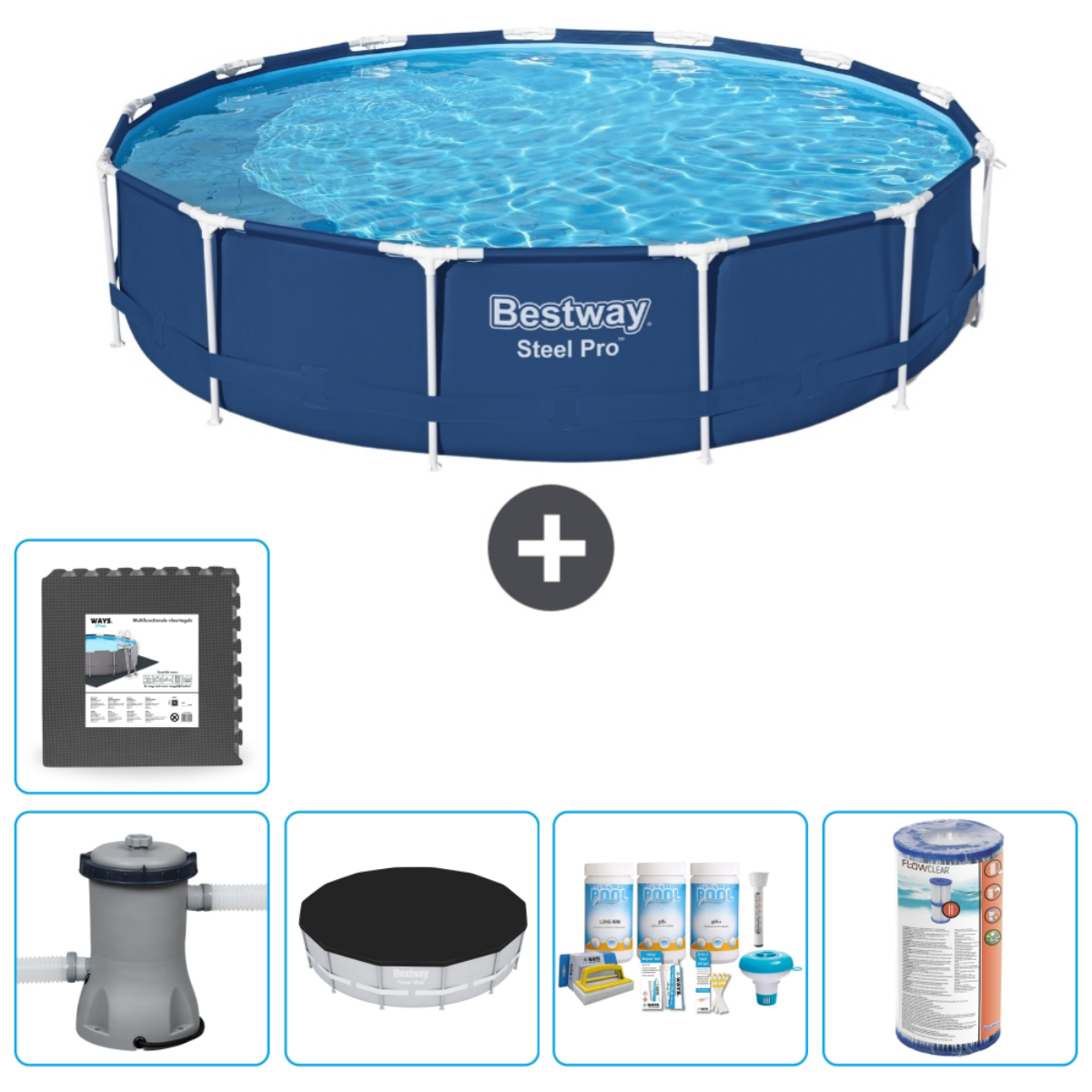Piscine bleue Bestway Steel Pro avec accessoires. Comprend filtre, bâche et couverture.