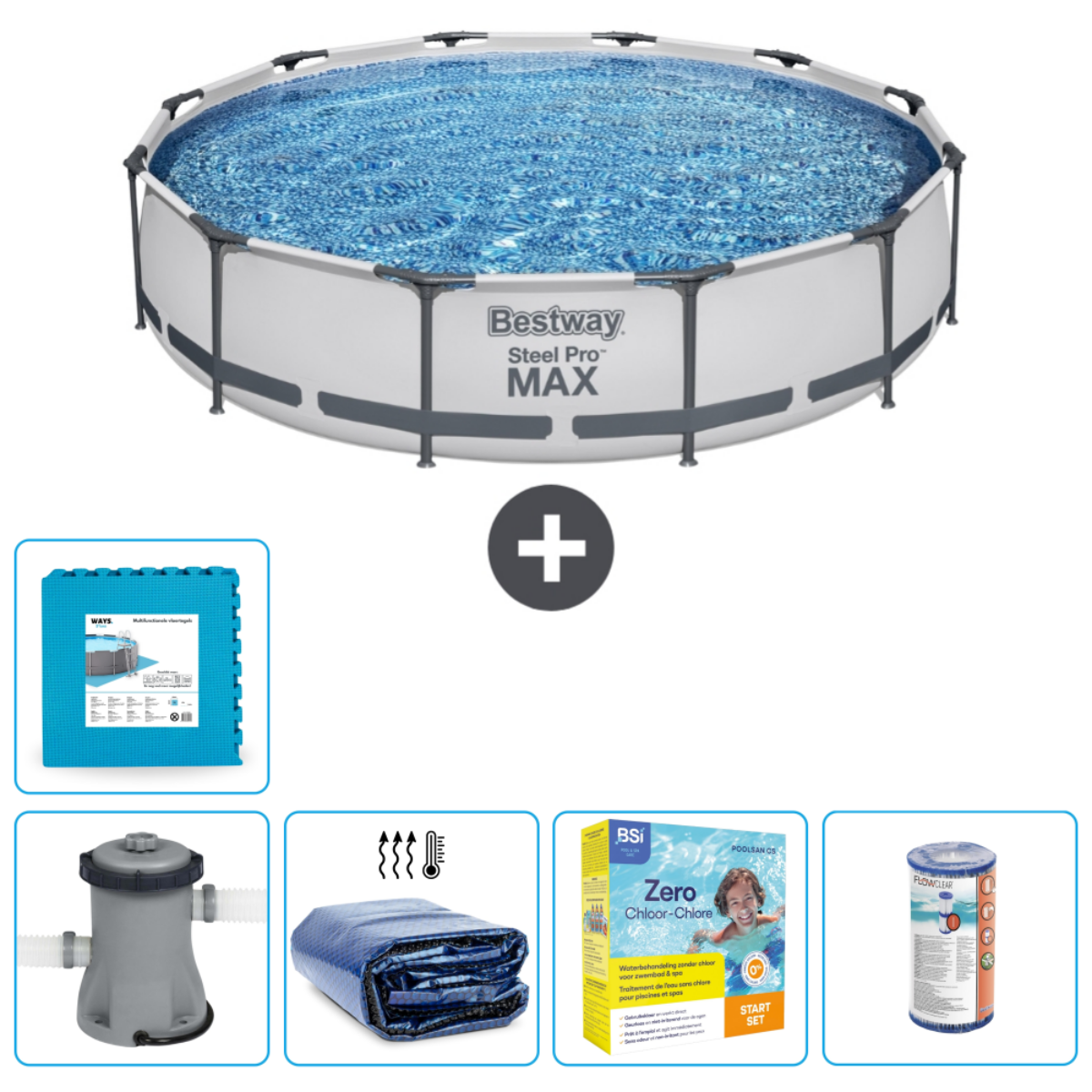 Een Bestway Steel Pro MAX zwembad met accessoires: filter, ladder, afdekzeil en chemische set.