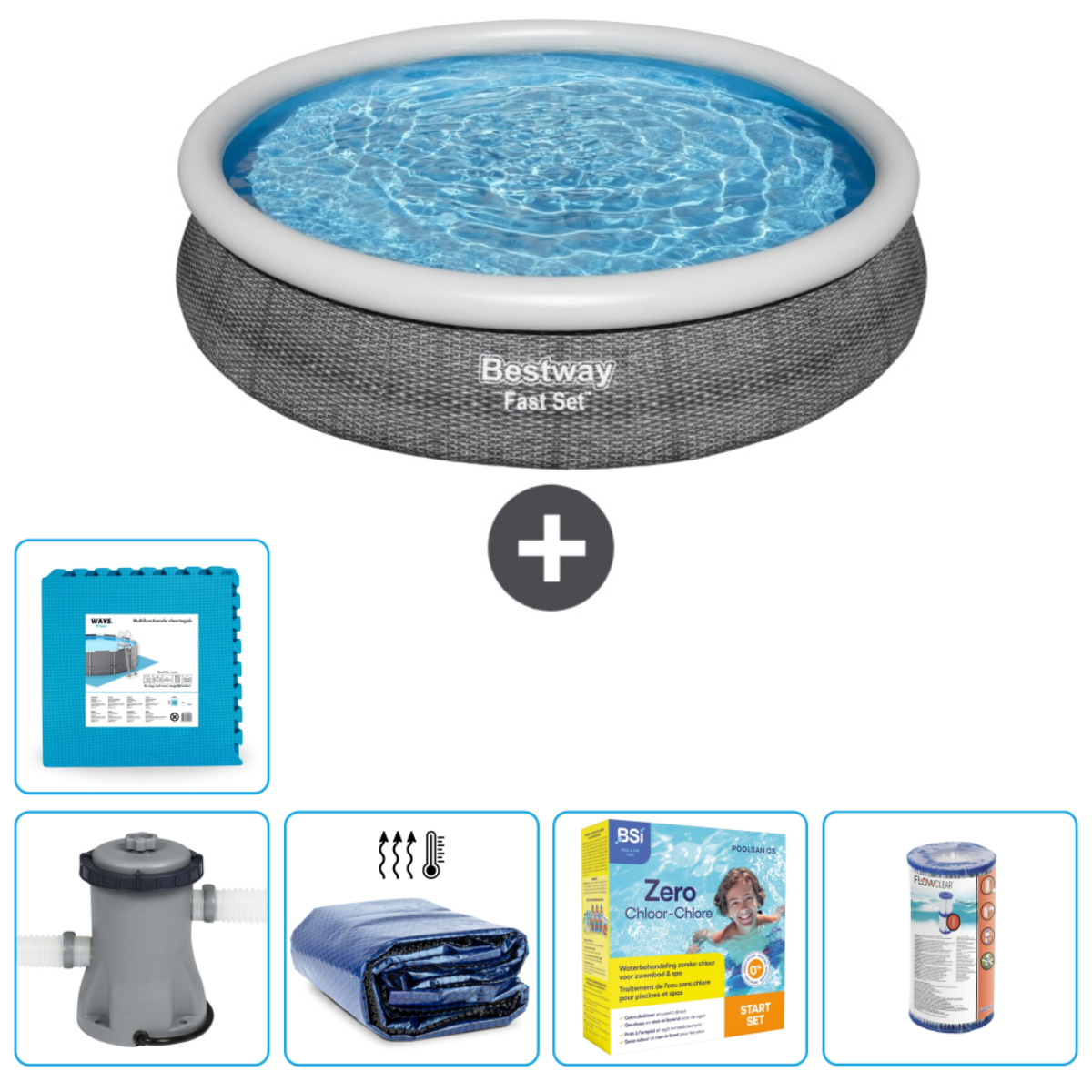 Piscine ronde grise avec accessoires sur fond blanc.