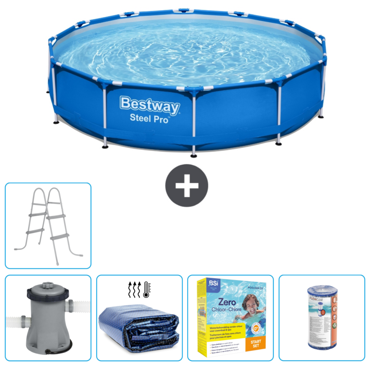 Piscine ronde hors sol avec accessoires : filtre, produits chimiques, couverture, échelle et filet. Bleu et blanc.