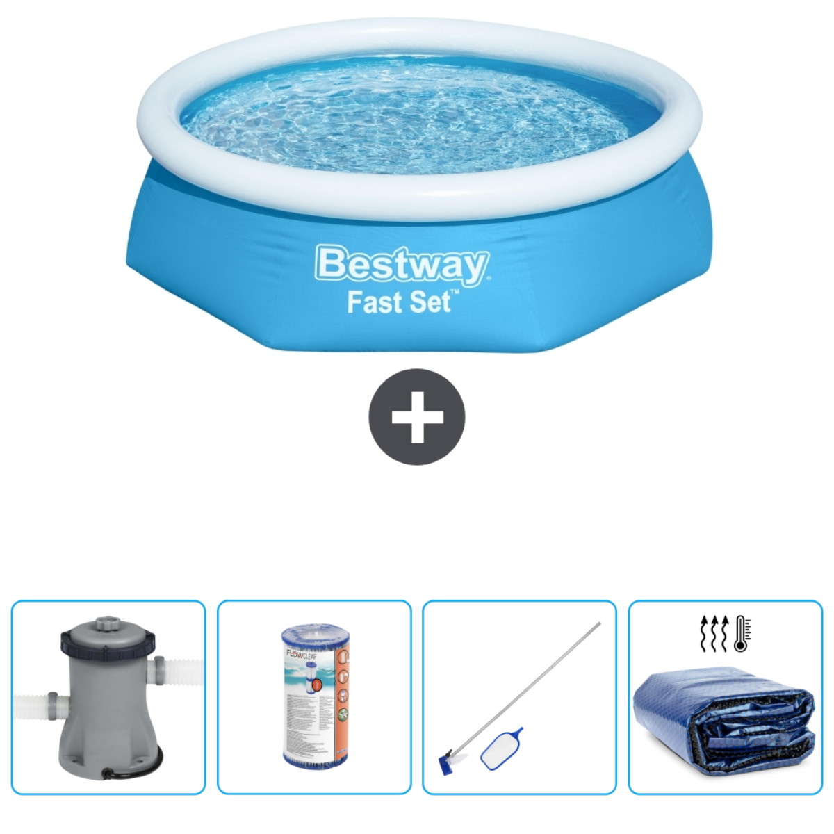 Blauw-wit zwembad, water, accessoires: filter, afdekking, zwembadreiniger. Merk Bestway.