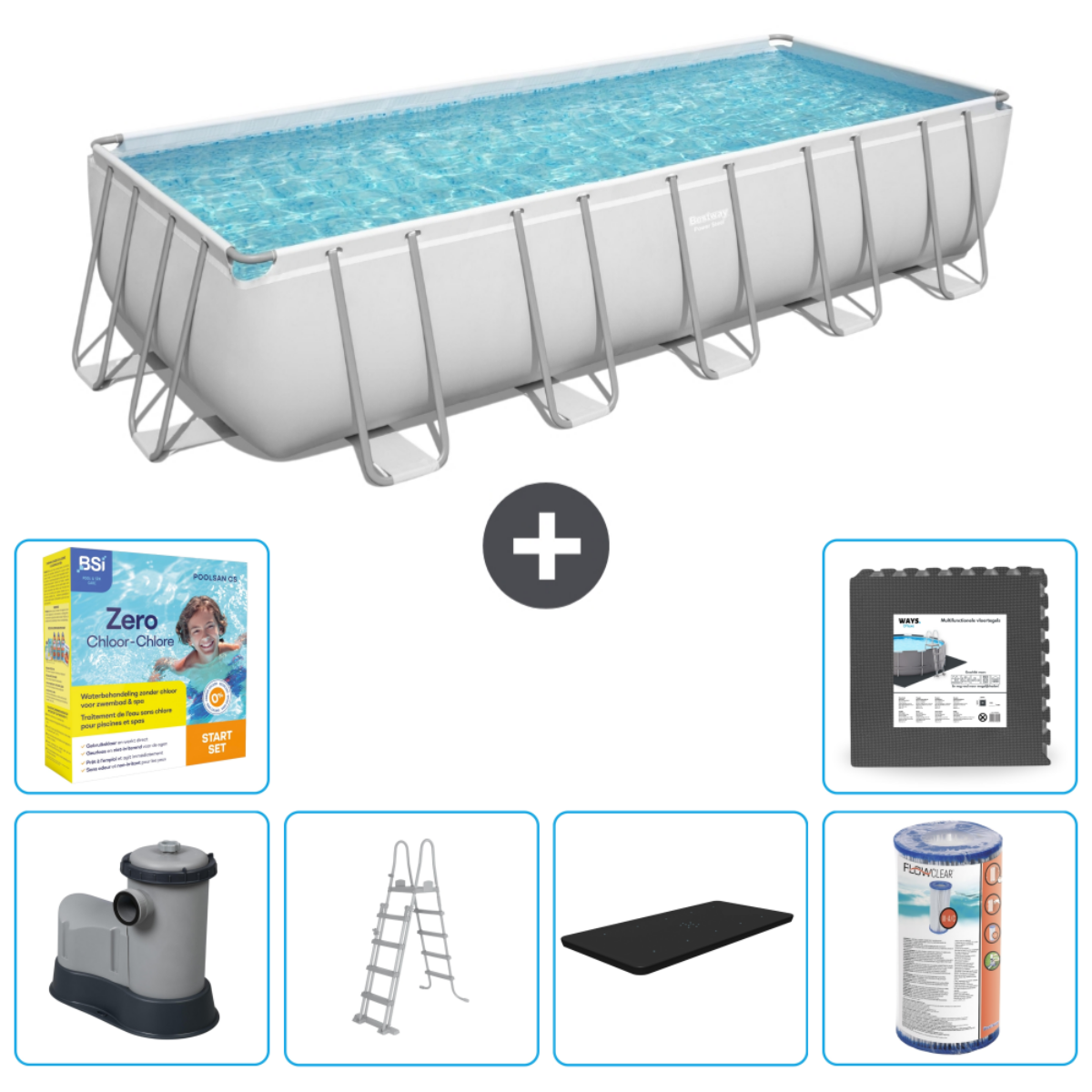 Rechthoekig zwembad met accessoires: chemicaliën, ladder, mat, pomp, filter.
