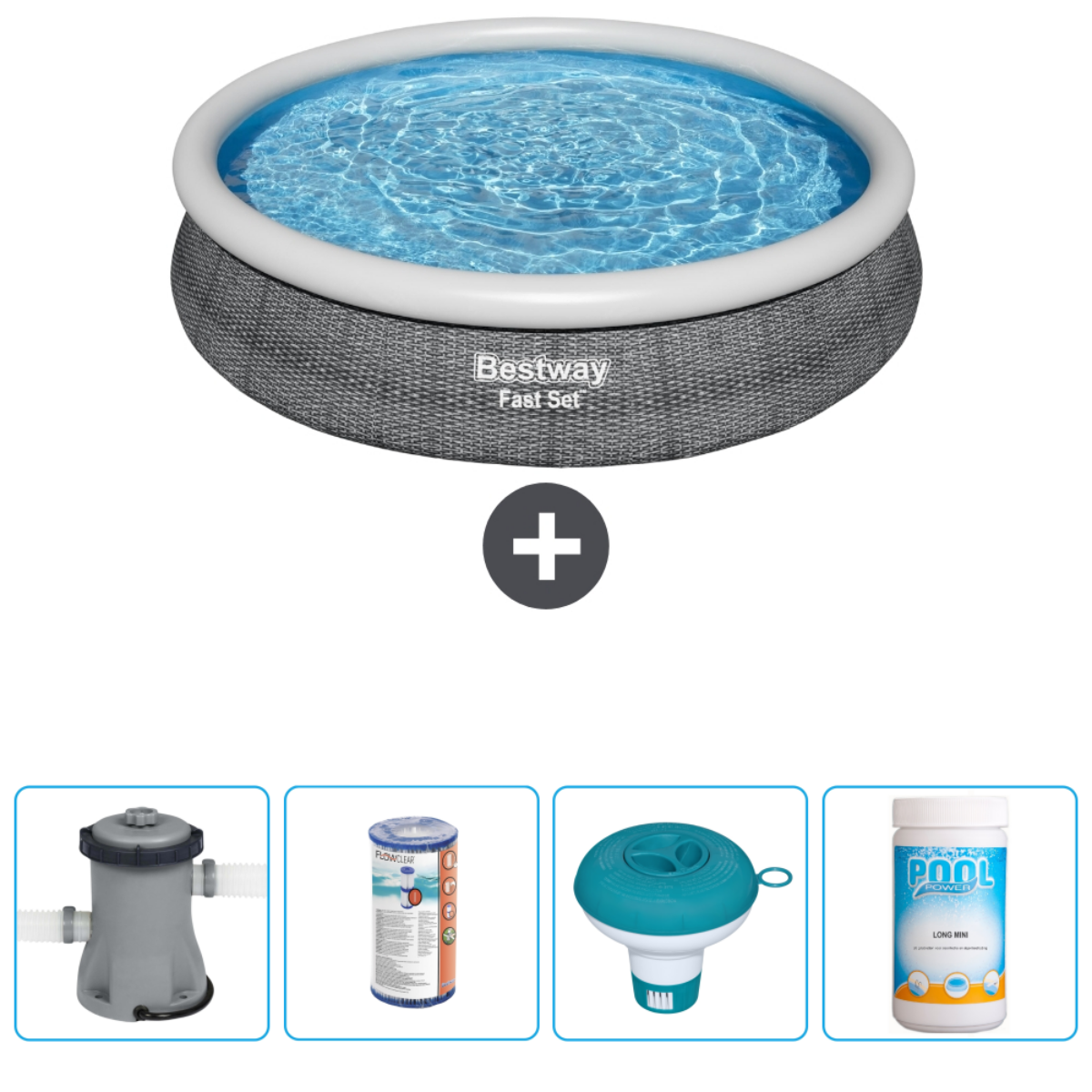 Grijs Bestway Fast Set zwembad met accessoires: filter, chemicaliën en drijver. Op een witte achtergrond.