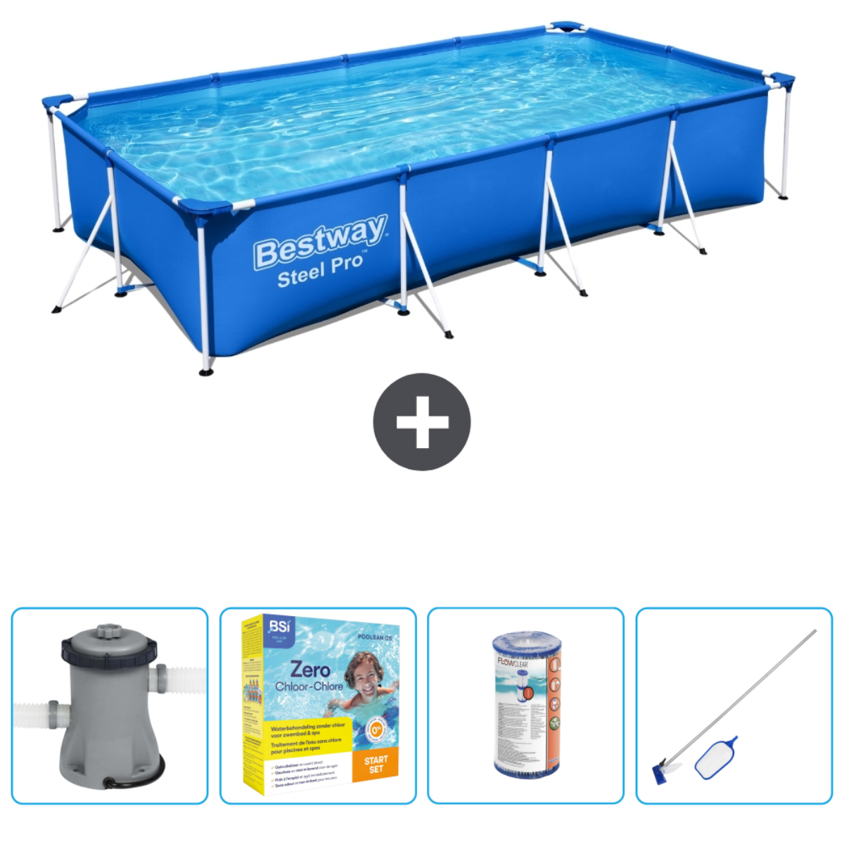 Piscine rectangulaire bleue avec accessoires. Comprend une pompe, des produits chimiques et un kit de nettoyage. Remplie d'eau.