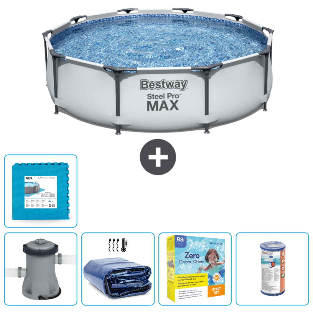 Vue de dessus d'une piscine avec accessoires, dont un filtre, une bâche et des produits chimiques.