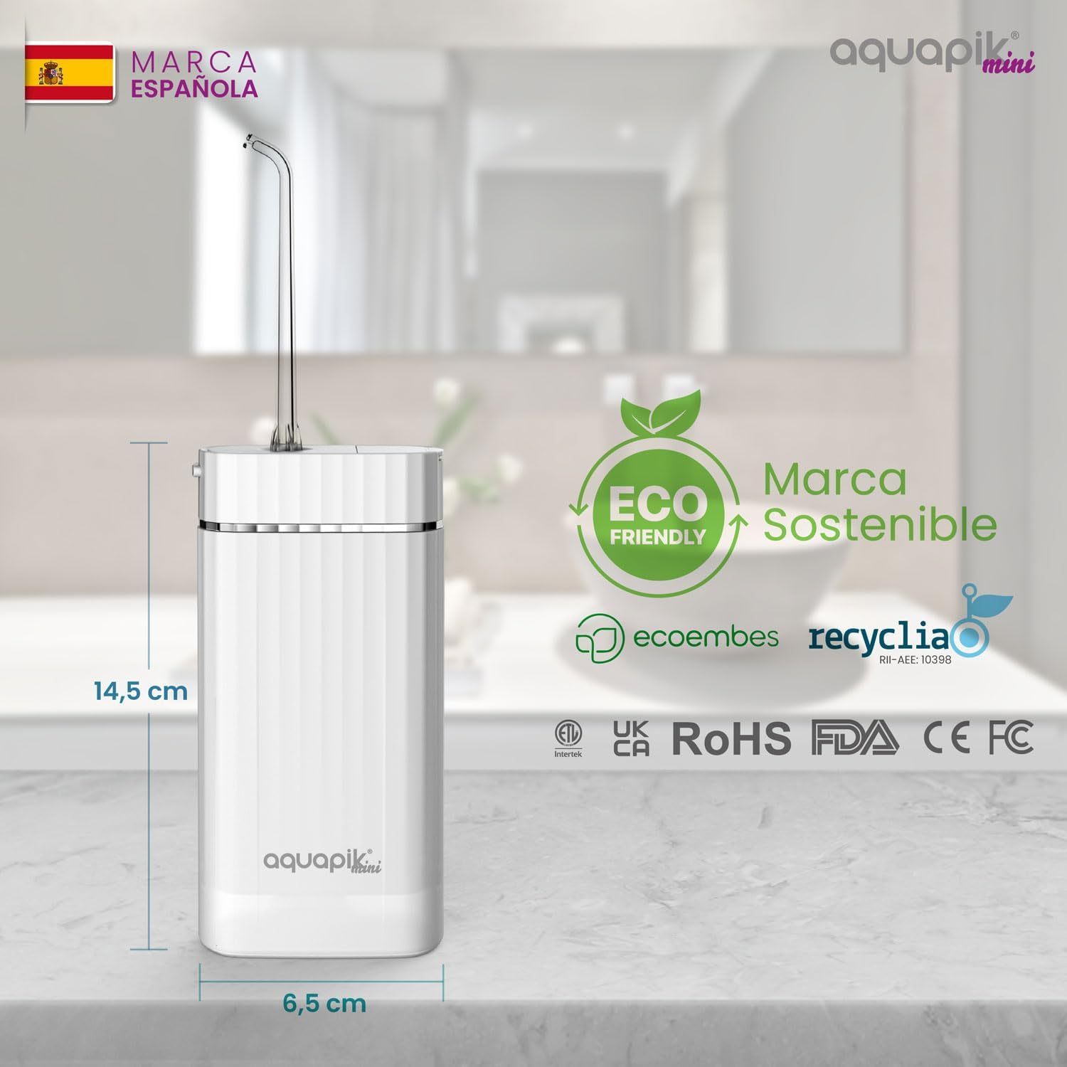 Irrigador oral blanco con texto, bandera española y detalles del producto. Logotipo ecológico.