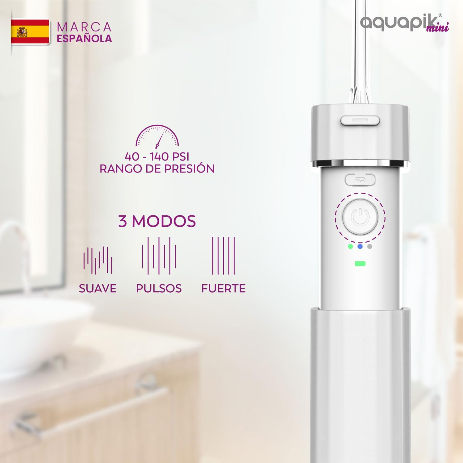 Irrigador bucal blanco con rango de presión y opciones de modo, marca española.