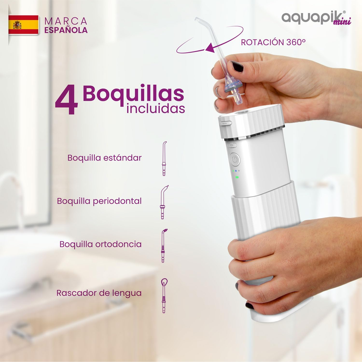 Una mujer está montando un irrigador bucal. El irrigador es blanco, y la caja muestra cuatro puntas.