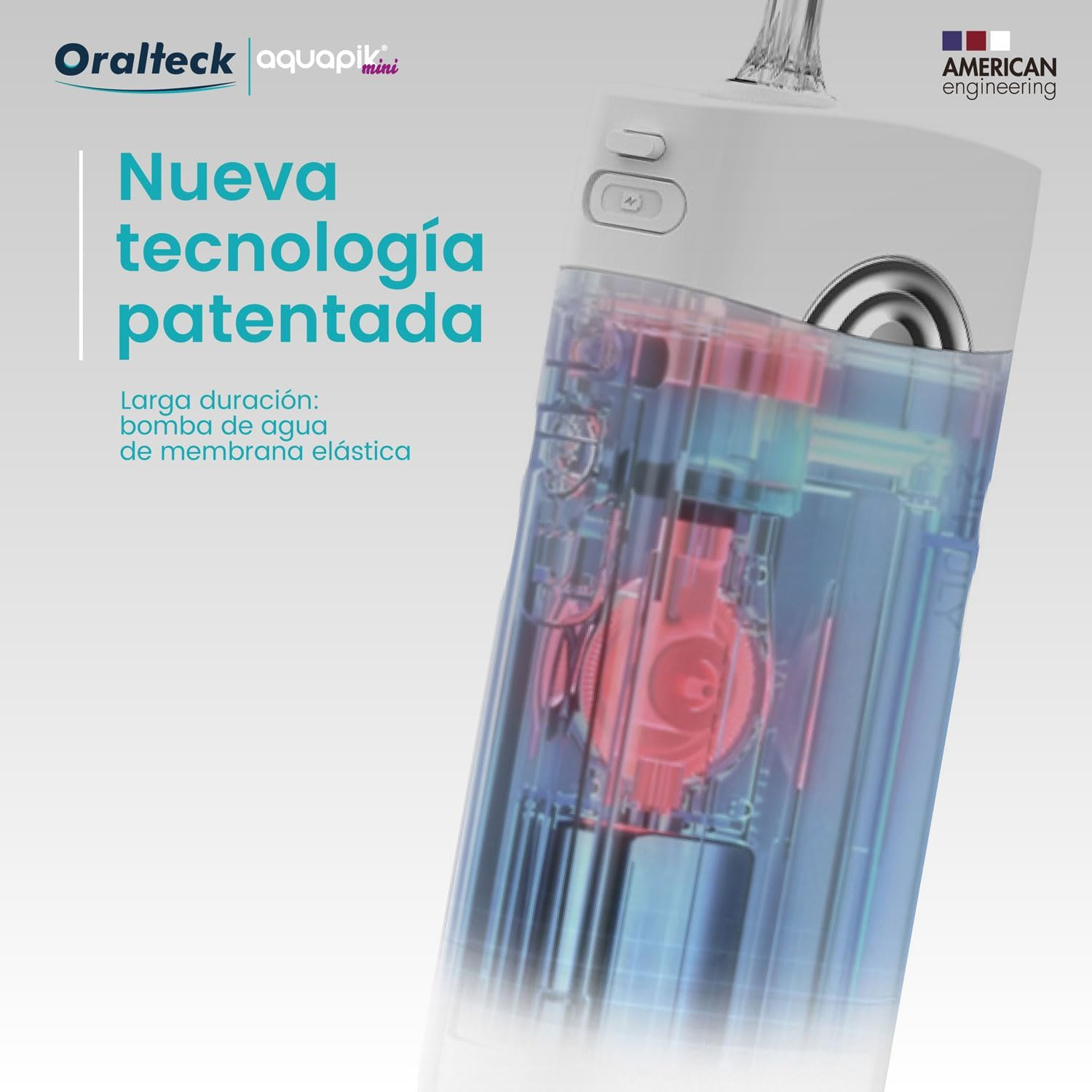 Primer plano de un irrigador patentado, destacando la boquilla y los componentes internos.