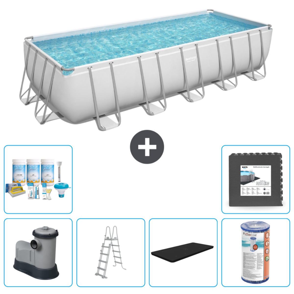 Een rechthoekig Bestway-zwembad met accessoires: filter, ladder, afdekzeil en chemische set.