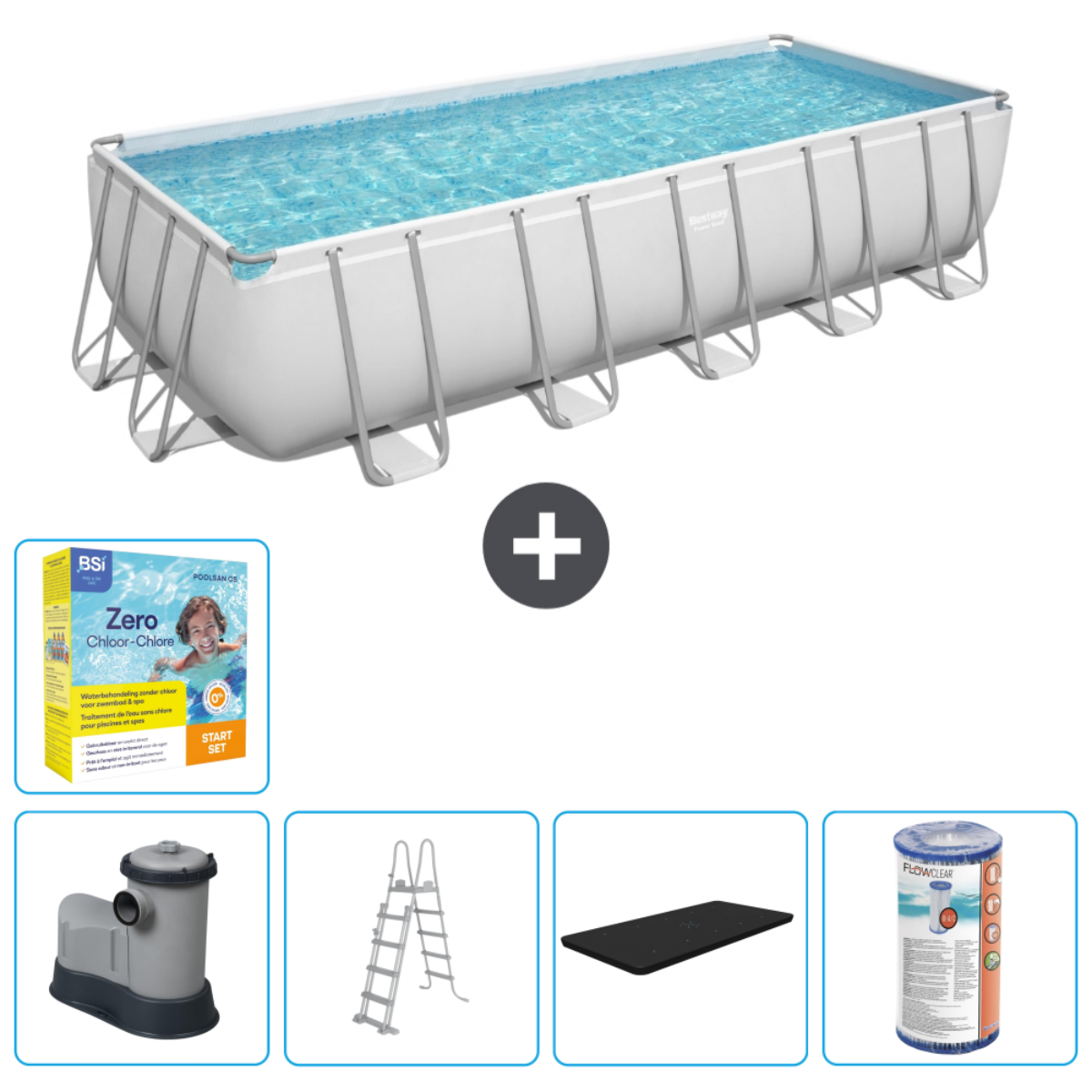 Rechthoekig zwembad met accessoires: chemicaliën, filter, ladder, afdekzeil en startset voor zwembadonderhoud.