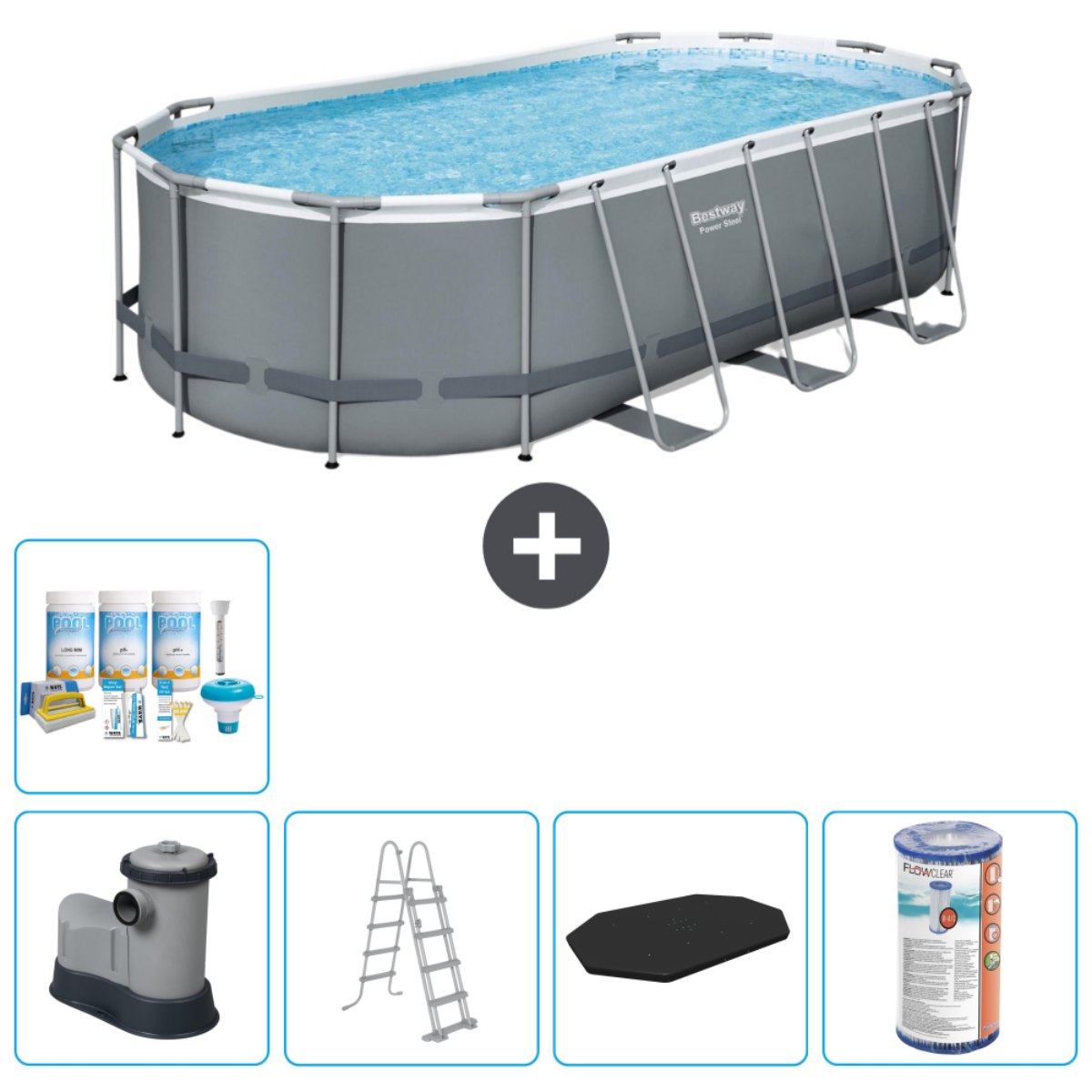 Ovale zwembad, water, accessoires: chemicaliën, filter, ladder, afdekking. Merk Bestway.