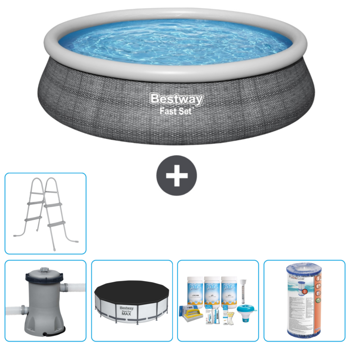 Piscine ronde Bestway avec accessoires. Comprend échelle, filtre, bâche et produits chimiques. Eau bleue.
