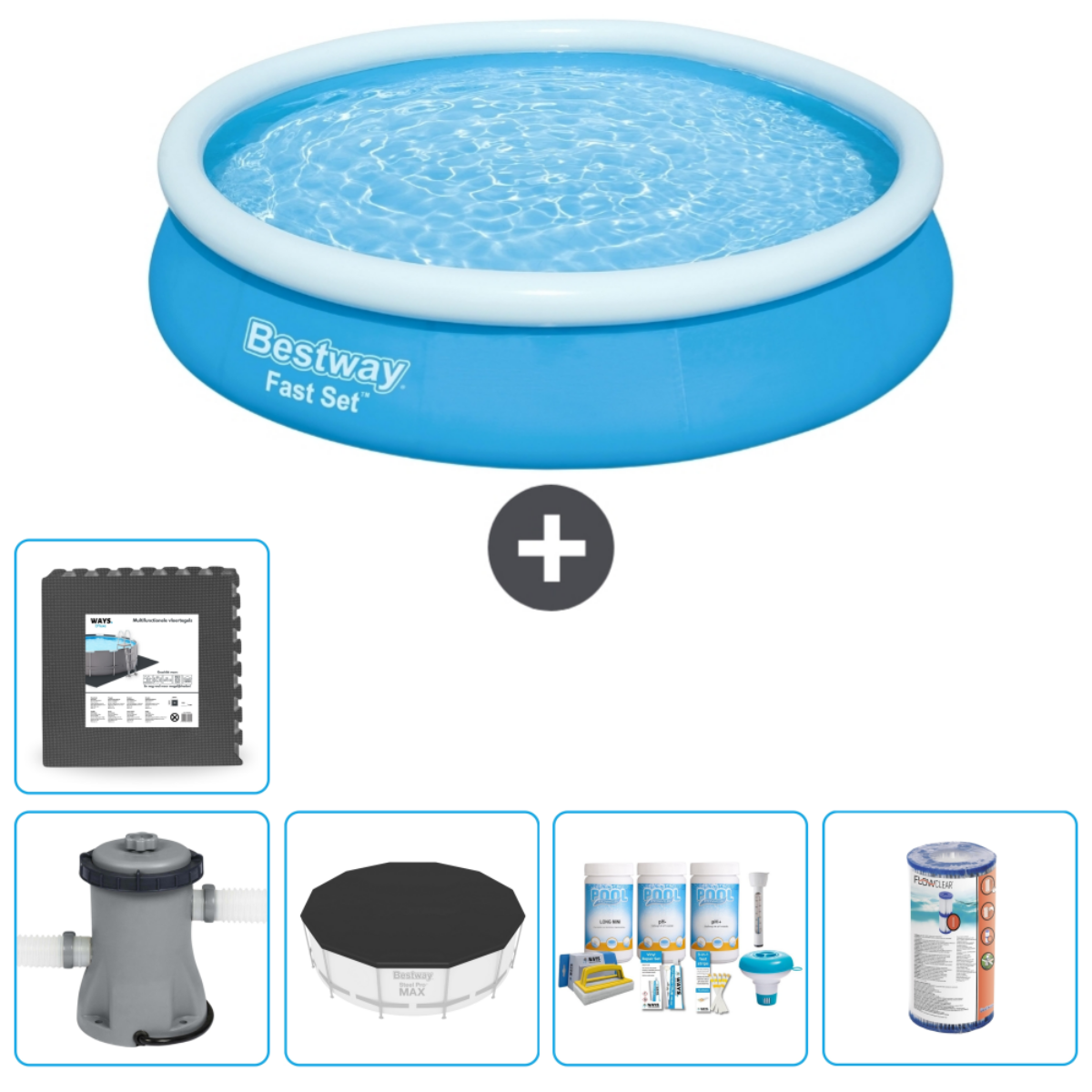 Un kit de piscine ronde hors sol bleu et blanc. Comprend piscine, filtre, produits chimiques, etc.