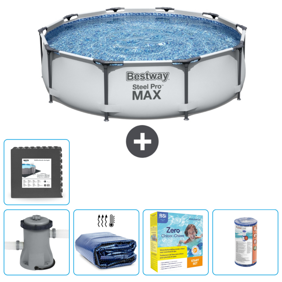 Piscine ronde avec accessoires. Comprend une pompe, une couverture, des produits chimiques et un tapis. Remplie d'eau bleue.