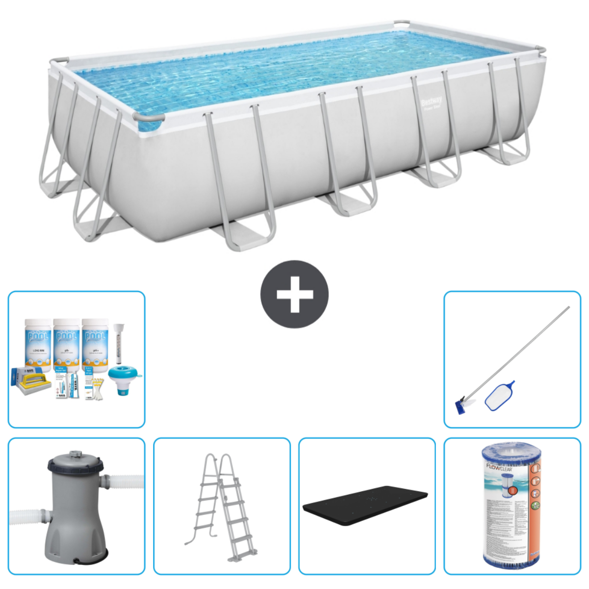 Rechthoekig bovengronds zwembad met accessoires: pomp, ladder, chemicaliën en reiniging.