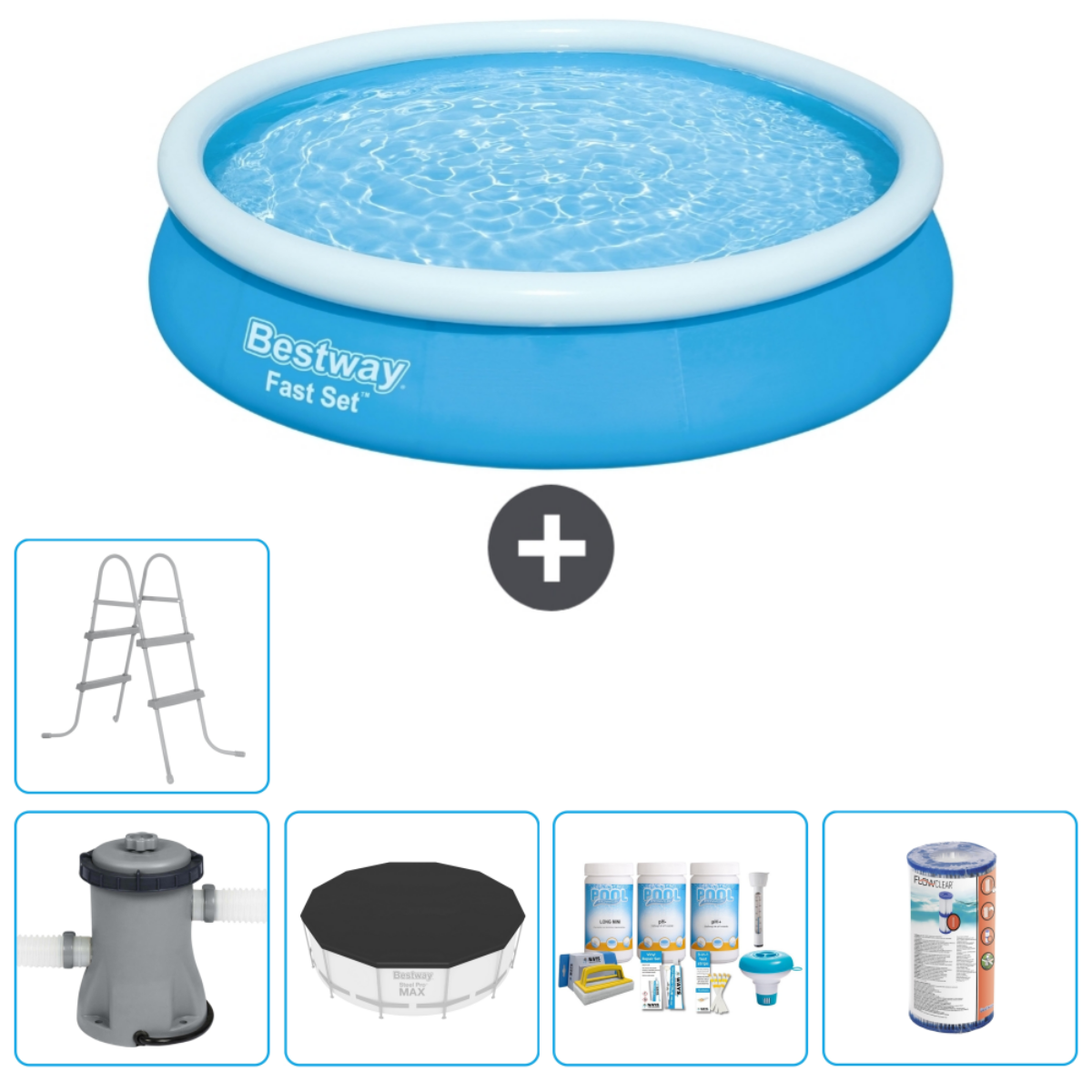 Piscine bleue Bestway Fast Set avec accessoires: échelle, filtre, bâche et produits chimiques, sur fond blanc.
