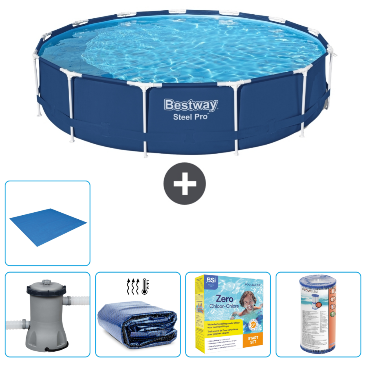 Vue d'une piscine bleue avec accessoires, dont un filtre, une bâche et des produits chimiques.