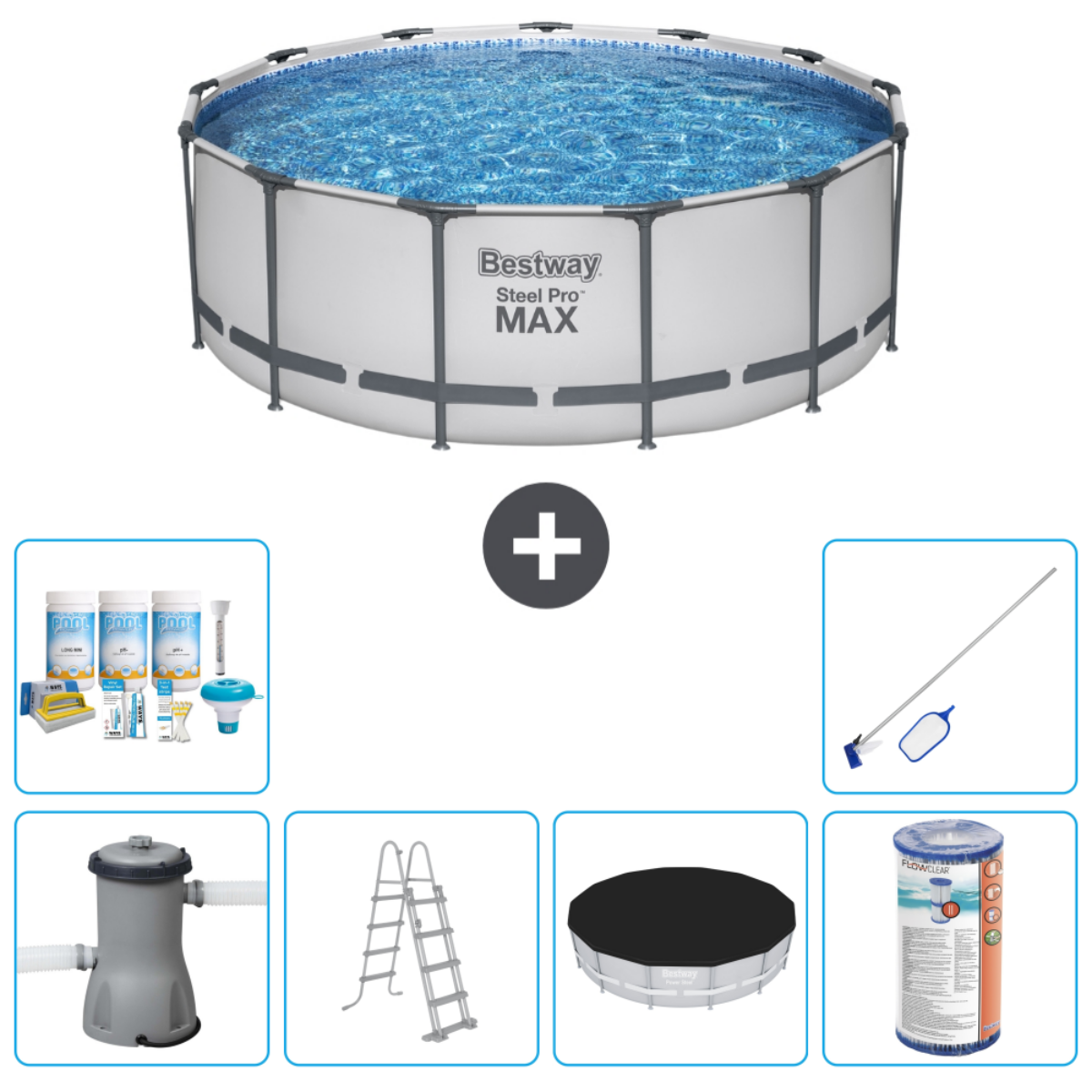 Piscine ronde hors sol avec accessoires : filtre, produits chimiques, couverture, échelle et filet. Extérieur blanc et gris.