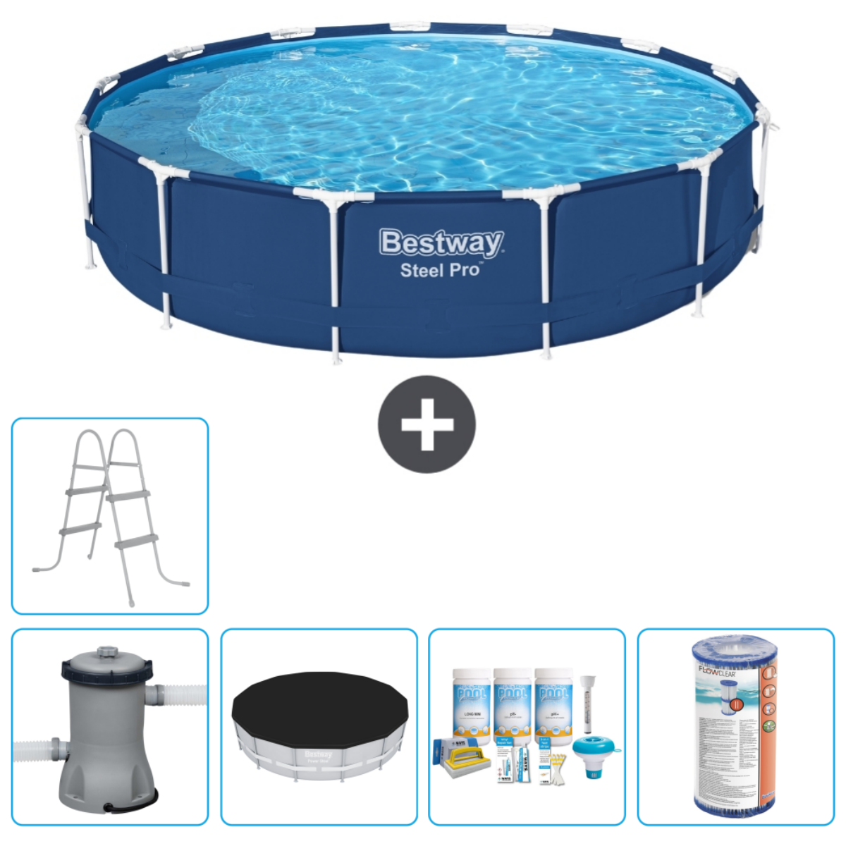 Een blauw Bestway Fast Set zwembad met accessoires: filter, ladder, afdekzeil en chemische set.