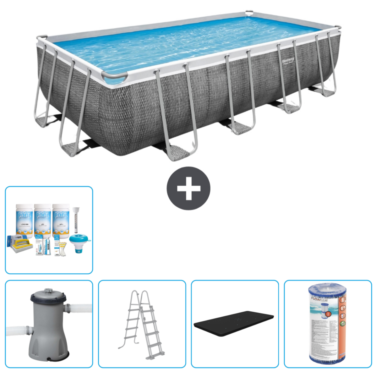 Piscine rectangulaire avec accessoires sur fond blanc.