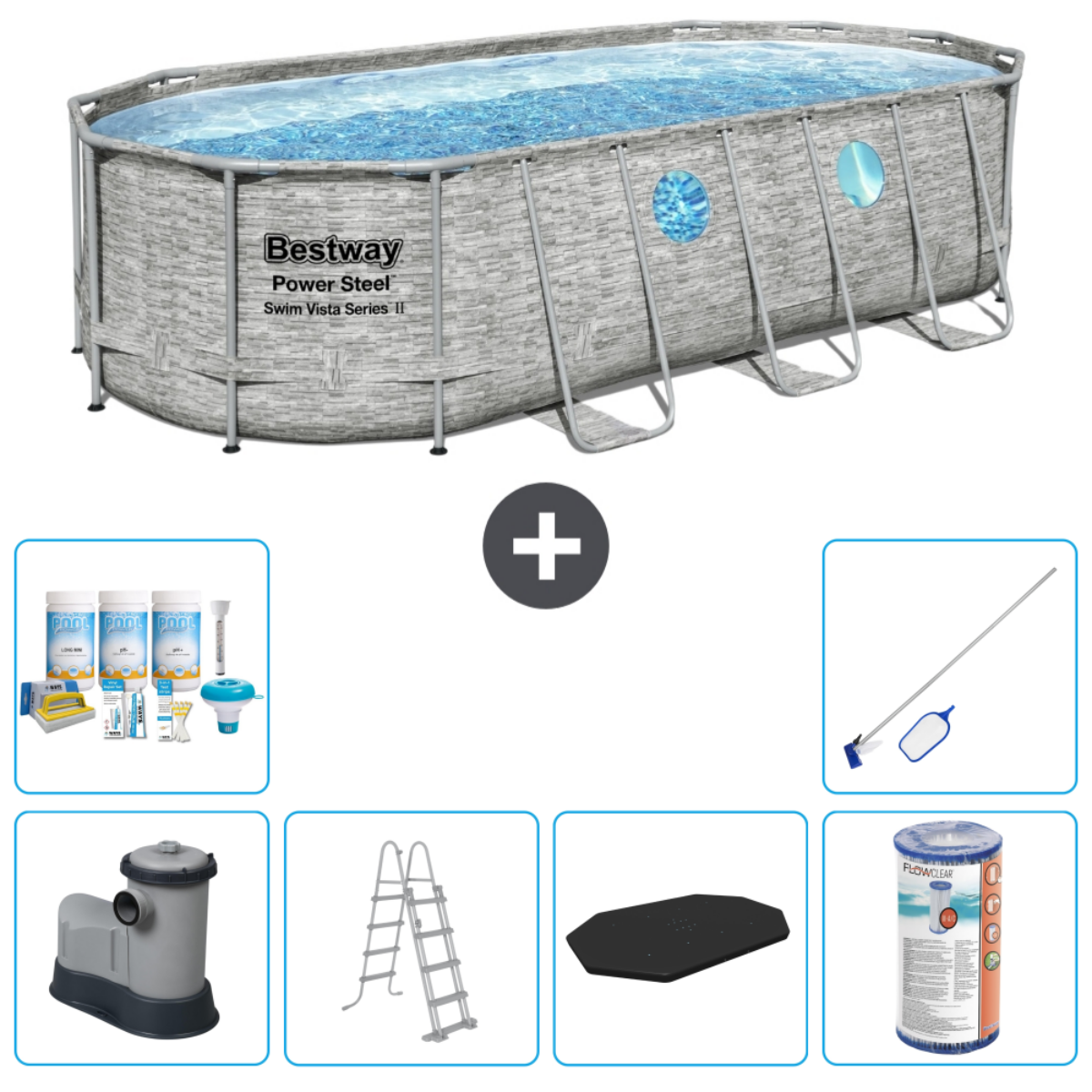 Piscine ovale hors sol avec accessoires. Comprend produits chimiques, échelle et outils.