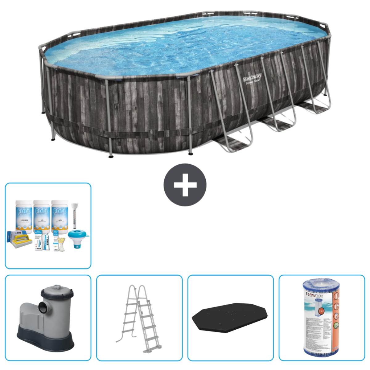 Ovale pool met accessoires. Inclusief pomp, ladder, afdekzeil, chemicaliën en schoonmaakartikelen. Gevuld met blauw water.