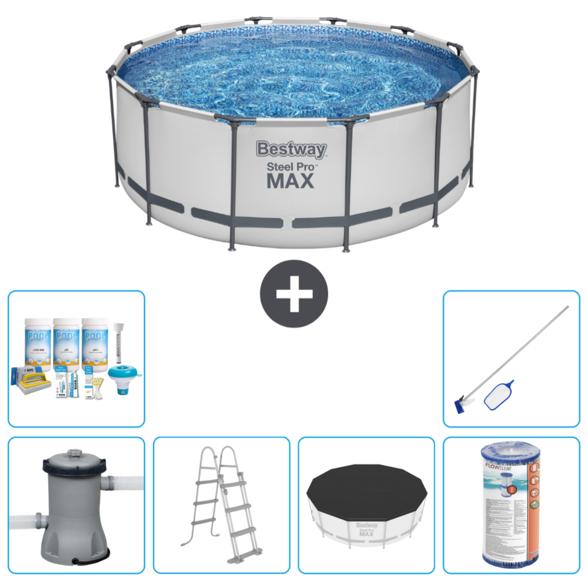 Piscine ronde avec accessoires, dont échelle, filtre, bâche et produits chimiques. Eau bleue. Steel Pro Max.
