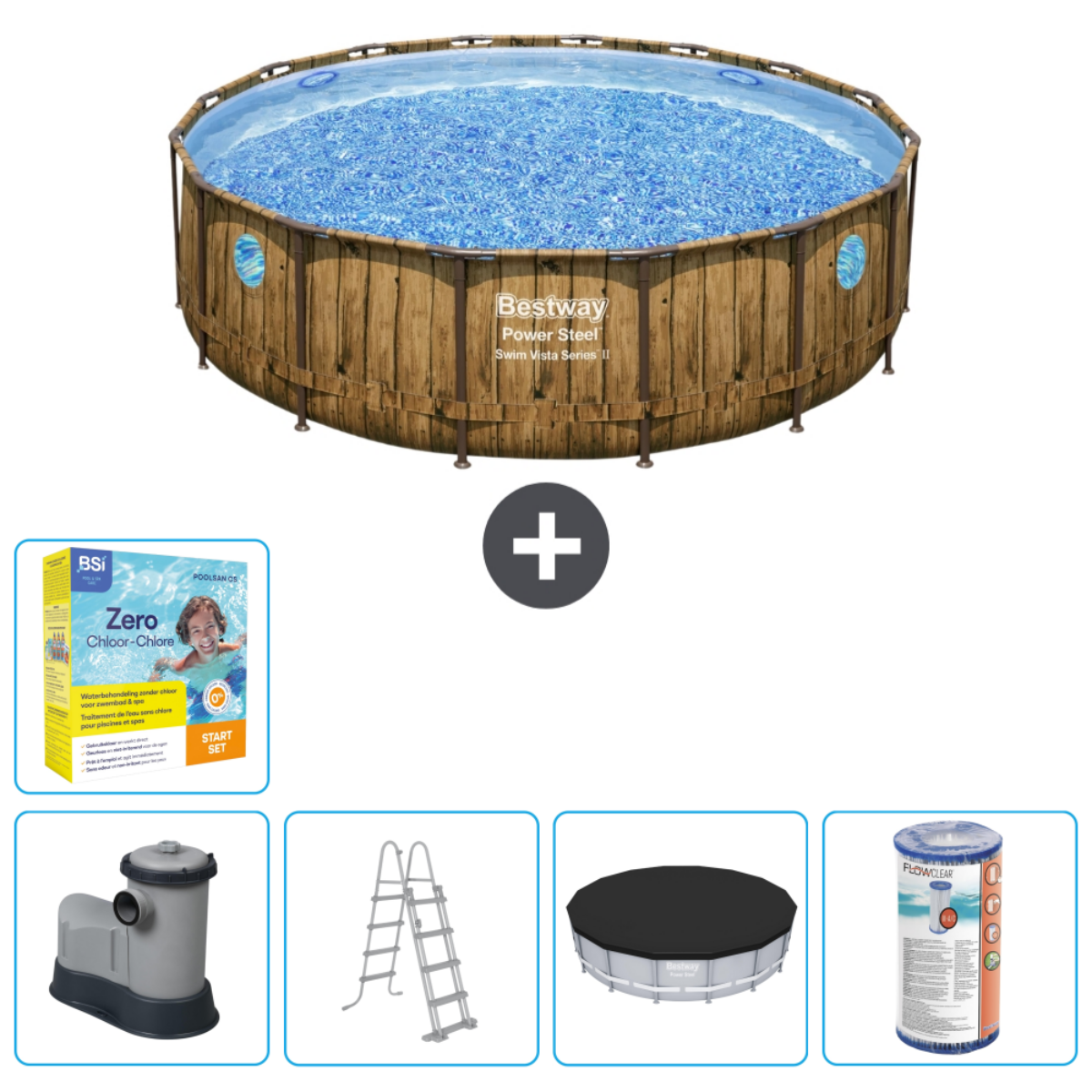 Ensemble de piscine hors-sol avec accessoires, pompe, échelle et produits chimiques, sur fond blanc.