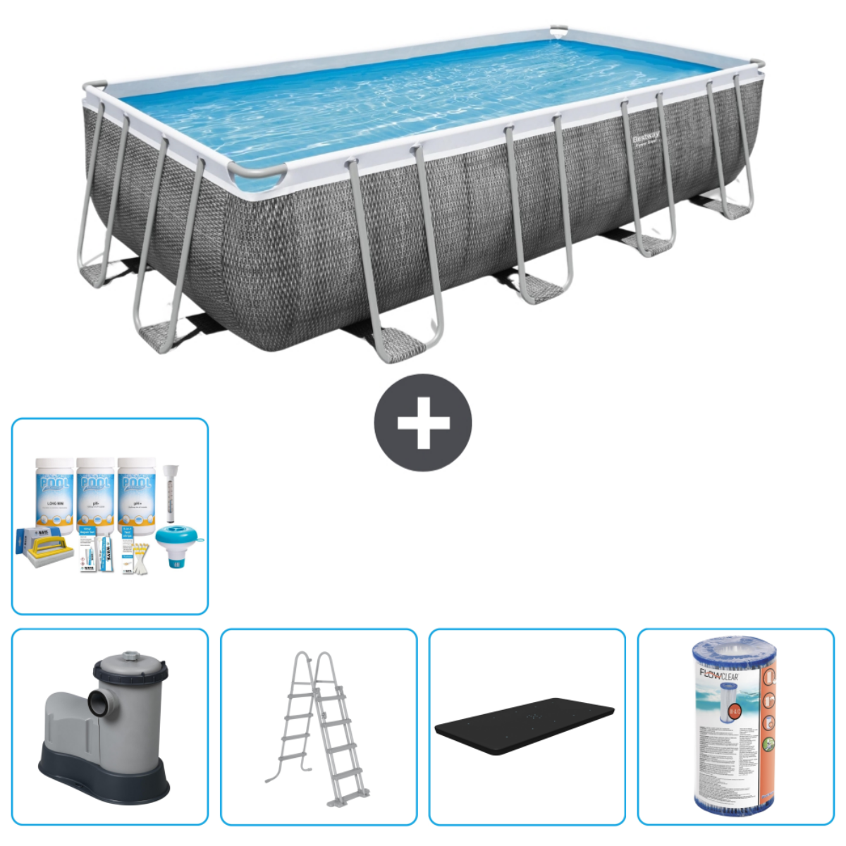Piscine rectangulaire Bestway avec accessoires. Comprend échelle, filtre et produits chimiques.