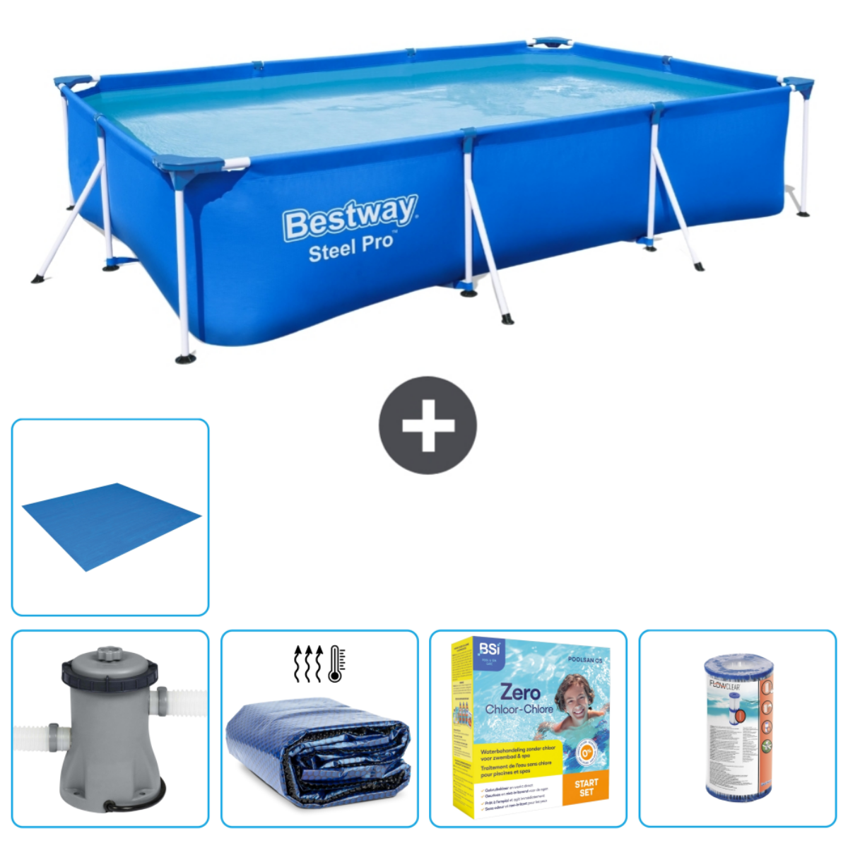 Rechthoekig zwembad met water, filter, chemicaliën, afdekking en gereedschap.
